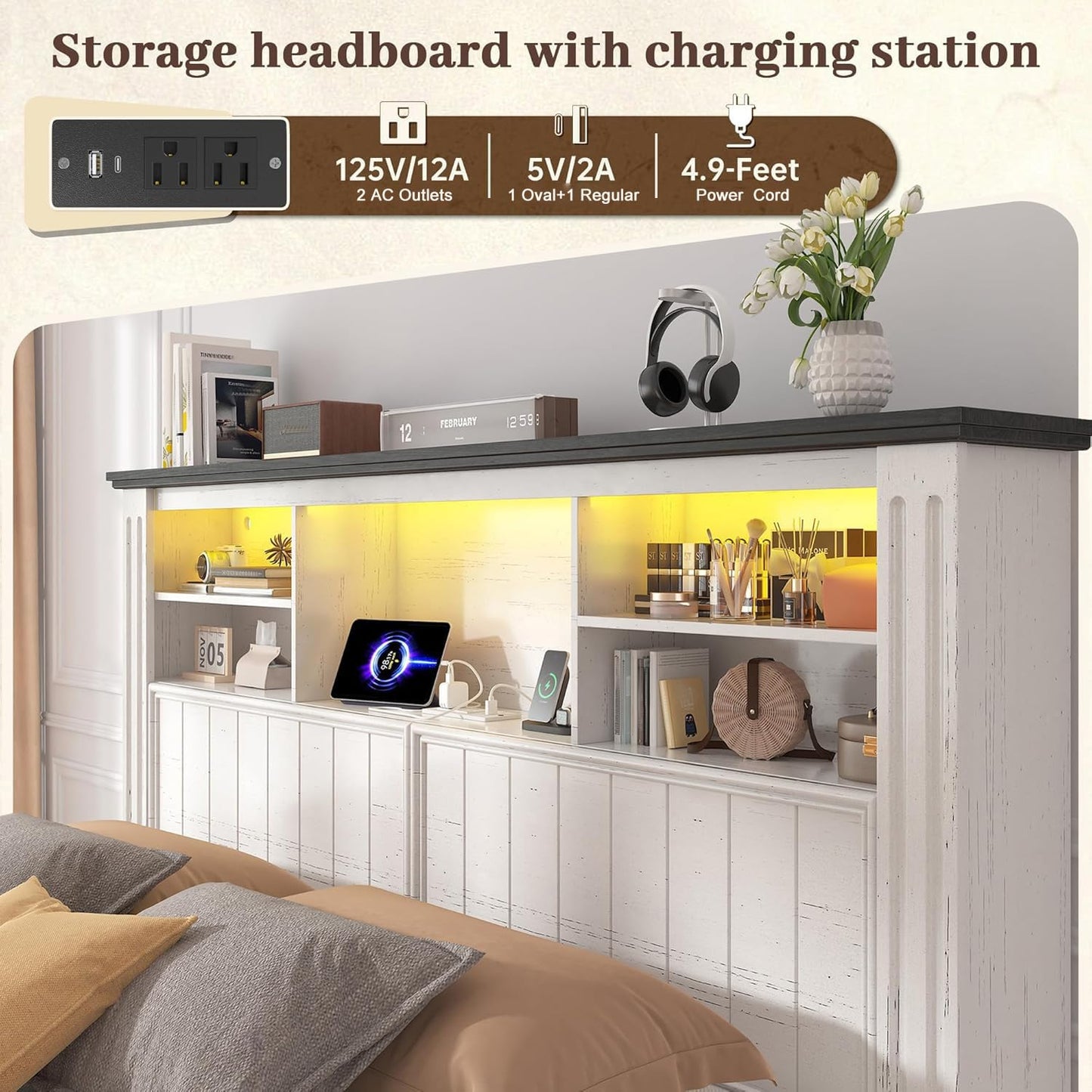 EnHomee Queen Bed Frame with Headboard, and 4 Storage Drawers, LED Lights & Charging Ports,No Box Spring Needed for Apartment,Noise-Free,Wooden, White