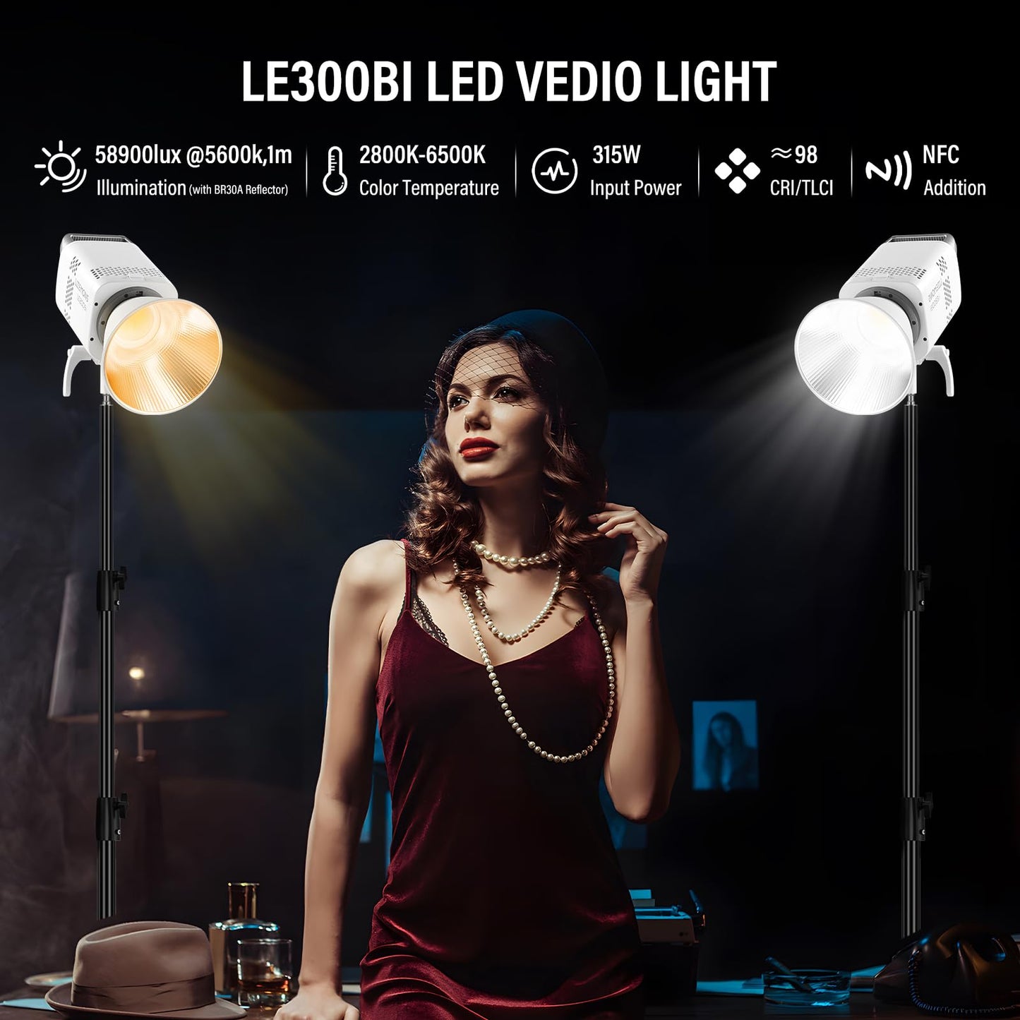 GODOX LE300Bi Light Kit, Godox Litemons LE300Bi Video Light with Softbox Light Stand, Bowens Mount, DMX/Bluetooth APP Control, NFC Connection, 2800K~6500K, 58900Lux@1m, CRI/TLCI98, 11 Fx Effects
