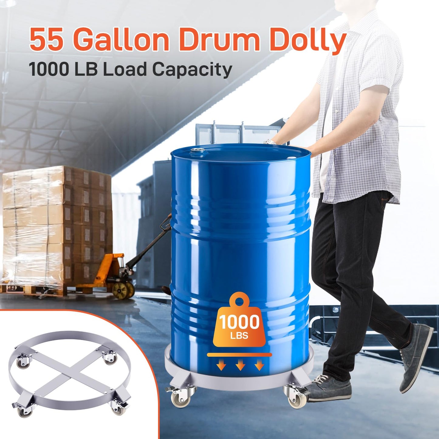 55 Gallon Steel Drum Dolly,Heavy Duty 1000lbs Load Capacity, Barrel Dollies Cart, 55 Gal Drum Dolly with Steel Frame 4 Swivel Casters Wheel, for Warehouse