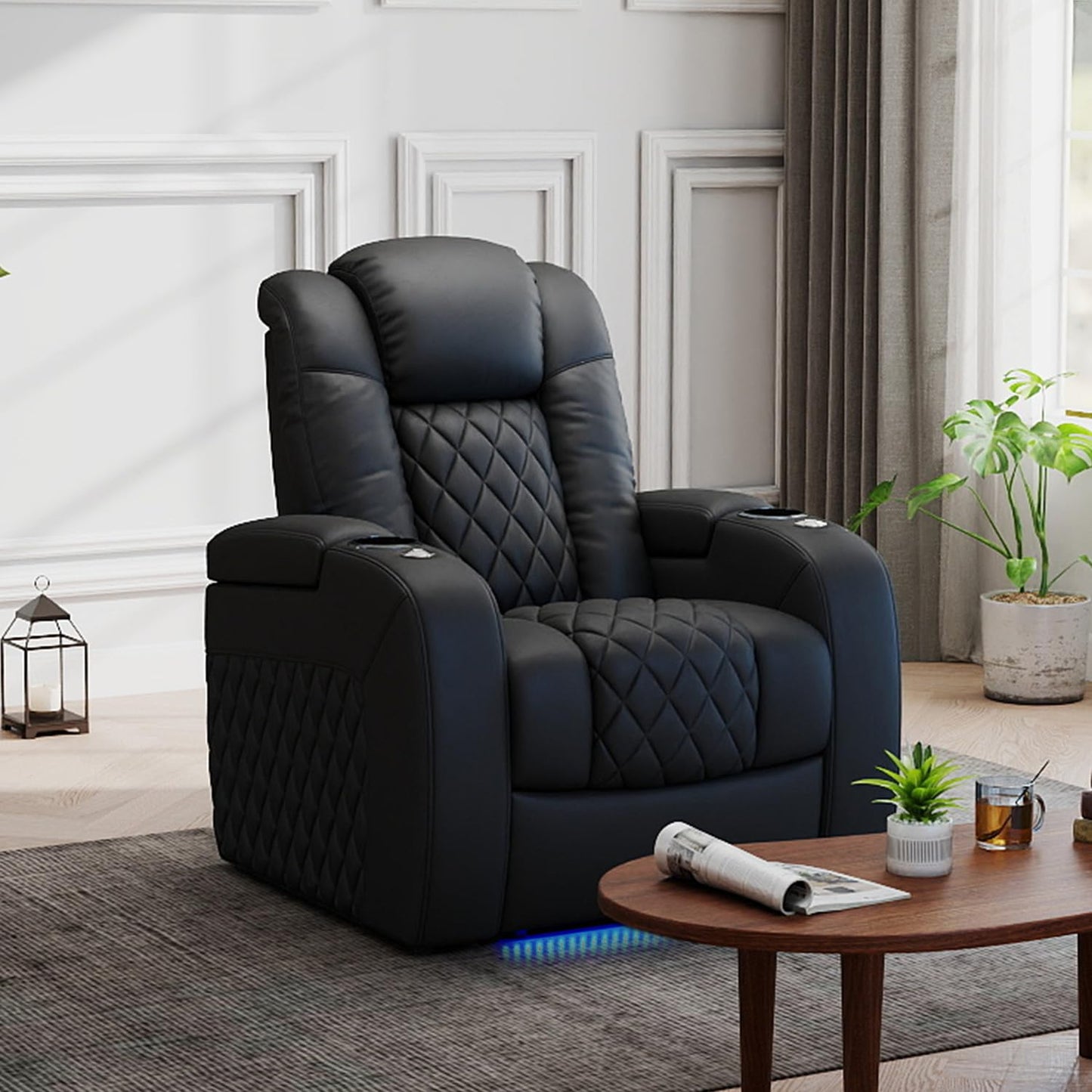 PBRO Home Theater Seating Top Grain Leather Recliner Chair, Movie Theater Chair Sofa with Power Reclining & Headrest USB Charger Ports Ambient Lighting, Black Single Seat for Home