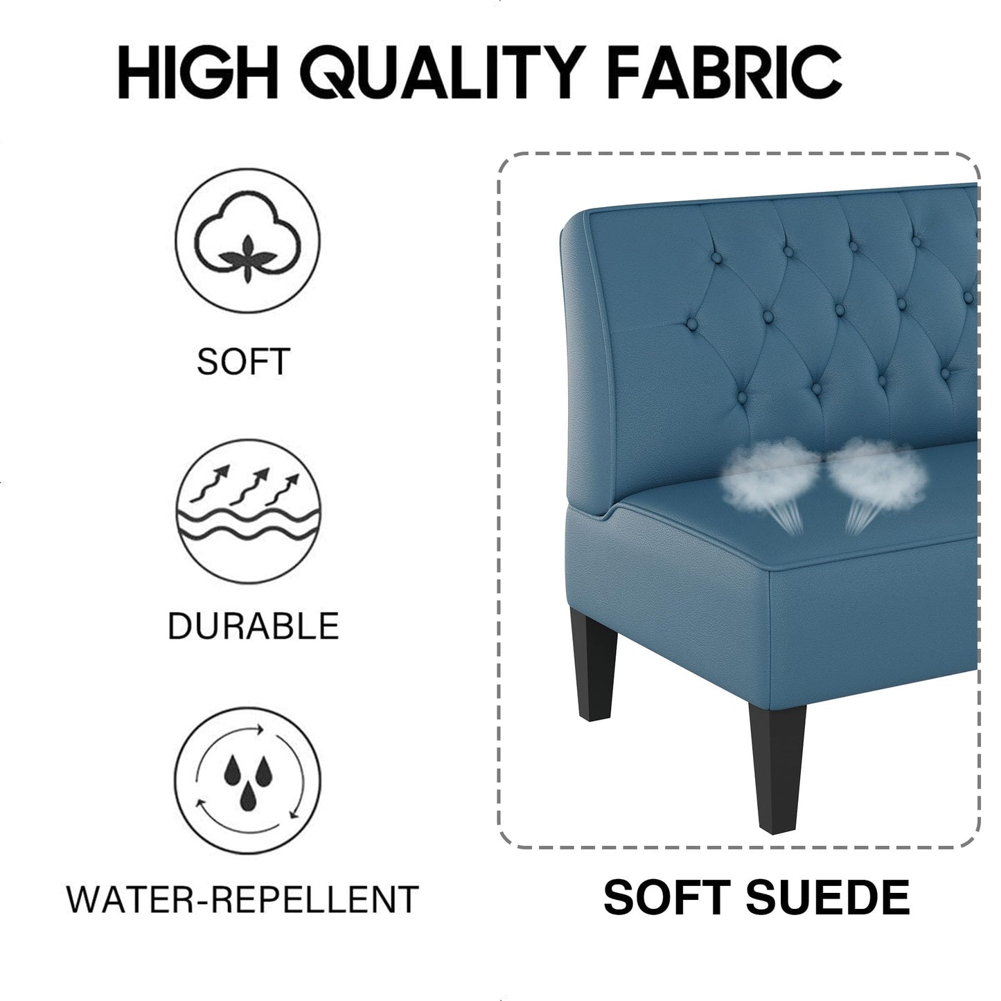 Alunaune Upholstered Blue Loveseat Bench Couch for Bedroom, Modern Cushioned Armless Settee Small Love Seat Sofa Faux Leather Living Room Couch