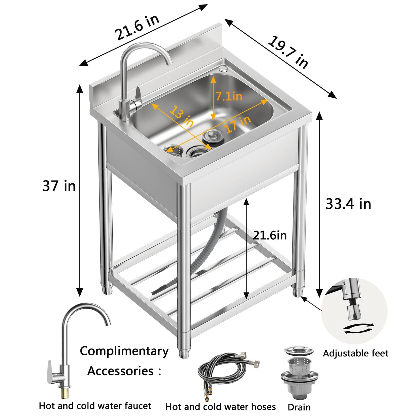 Free Standing Stainless-Steel Single Bowl Commercial Restaurant Kitchen Sink Set w/Faucet, Prep & Utility Washing Hand Basin w/Storage Shelve, laundry tub for Indoor Outdoor (22in)