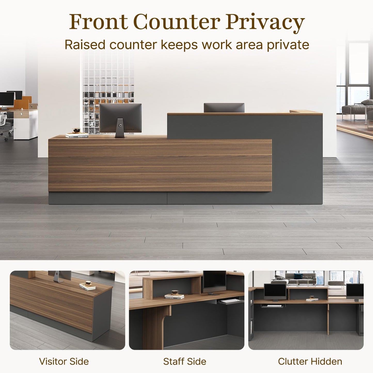Nuipesn 87" Modern L-Shaped Reception Desk, Front Desk Counter with Drawer, Keyboard Tray and Storage Shelves, Left Layout, Dark Walnut
