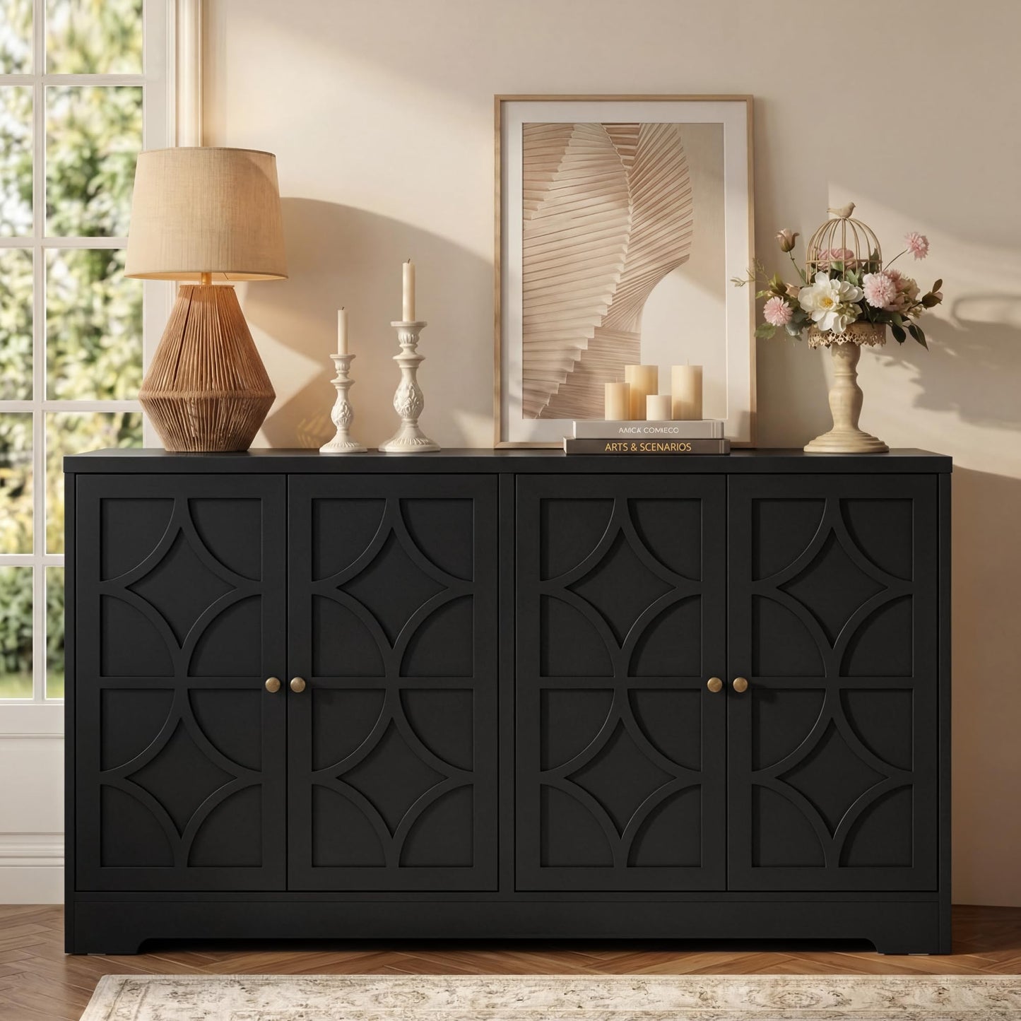 RoyalCraft Sideboard Buffet Cabinet with Storage, 56" Modern Sideboard with 4 Carved Doors, Large Wood Coffee Bar Console Table for Kitchen, Dining Room, Entryway, Living Room, Black