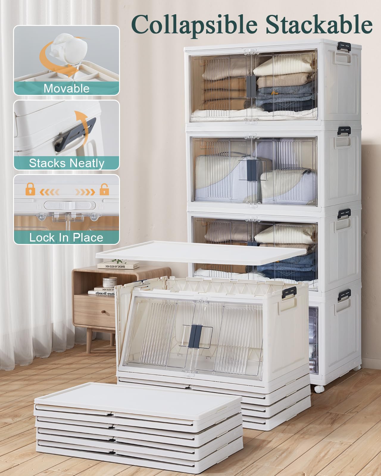 OlarHike 97QT Lockable Stackable Storage Bins with Lids - Folding Box with Doors & Wheels, Collapsible Plastic Cabinets for Closets and Organization, Garage, Office, College, School, Shelves, 4 Pack
