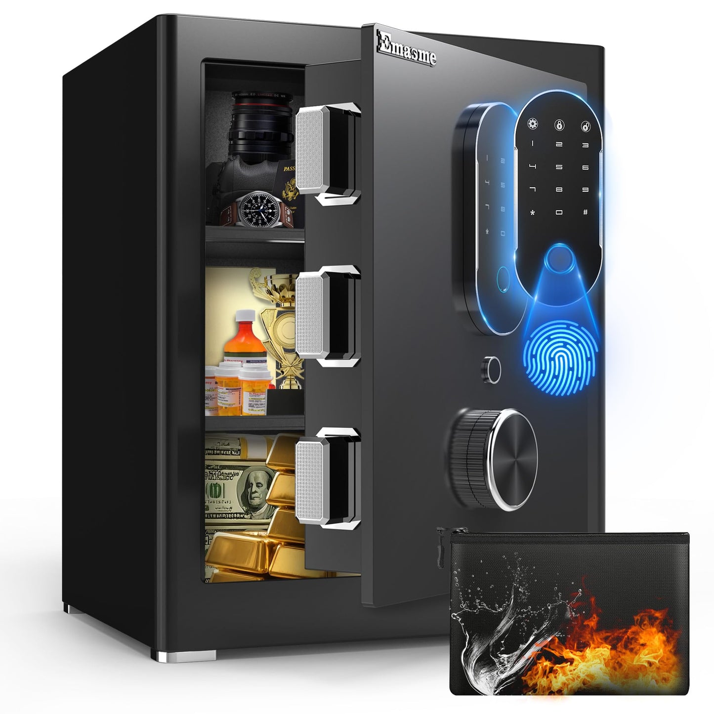 Safe Box, Money Safe with Fireproof Waterproof Bag, Medium Size Safes with Digital Keypad, Dual Alarm System, Removable Shelf for Valuables & Cash (Upgrade 2.0 CUFT Biometric