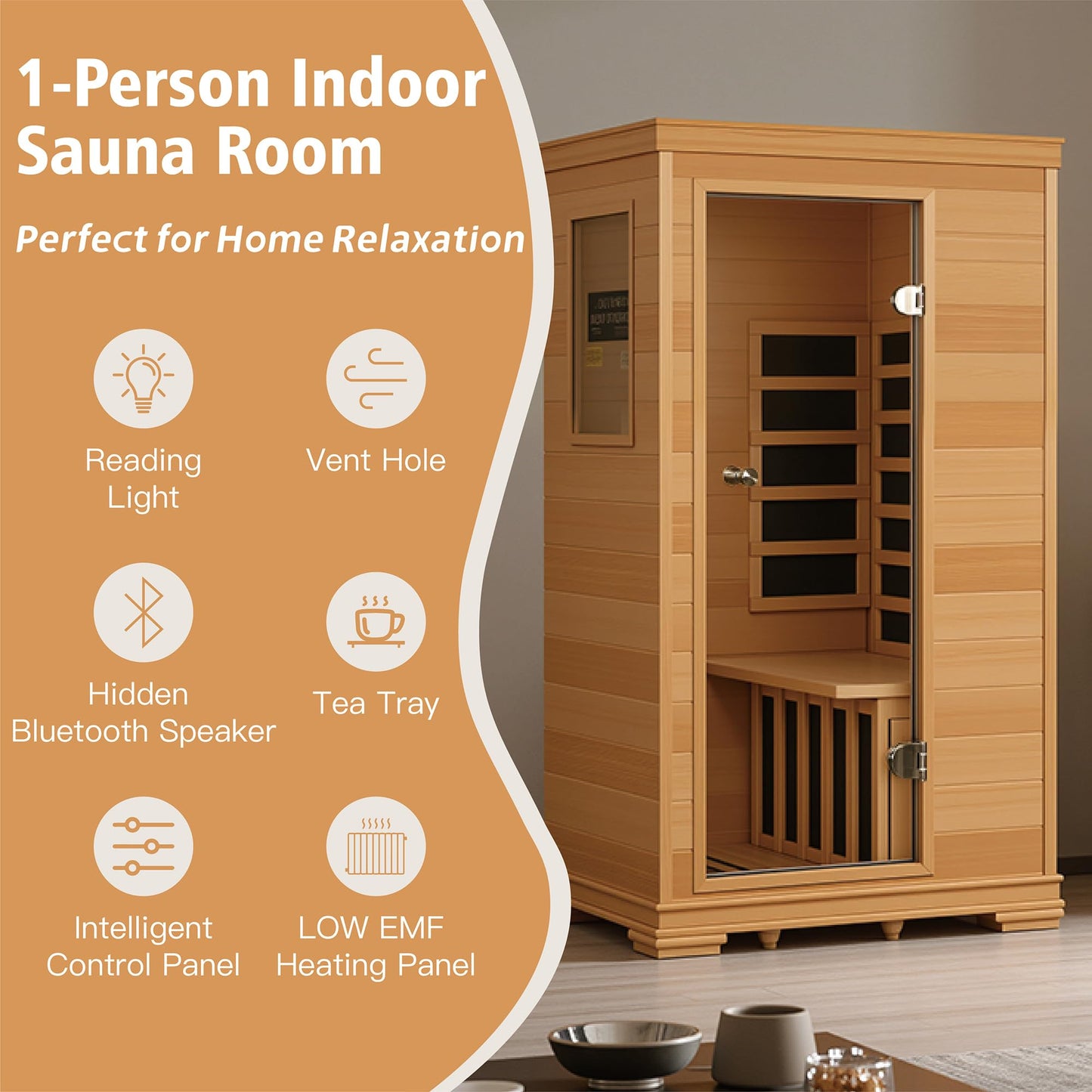 Royal Sauna Infrared Sauna 1 Person, Infrared Saunas for Home, 960W/120V Hemlock Wood Dry Sauna with Foot Warmer, Reading Light, 2 BT Speakers & LCD Control Panel, 61.34"x35.24"x27.56"