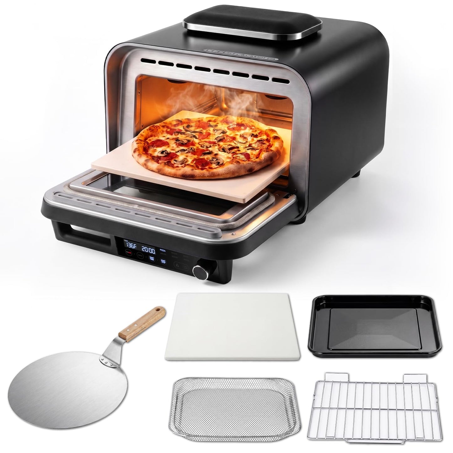 KINGWISE Convection Pizza Oven Electric, IPX4 Waterproof Countertop Air Fryer Oven, Fits 13-Inch Pizza, Heats up to 750℉, 6 Cooking Functions and 5 Pizza Presets, Pizza Stone & Pizza Peel Included