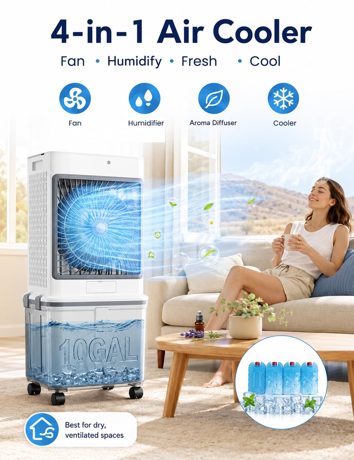 Swamp Cooler, Portable Air Conditioners Evaporative Air Cooler with 10GAL Detachable Tank, Windowless AC Unit Cooling Fan That Blow Cold Air with 120° Swing, 3 Speeds, Timer for Garage Patio Workshop
