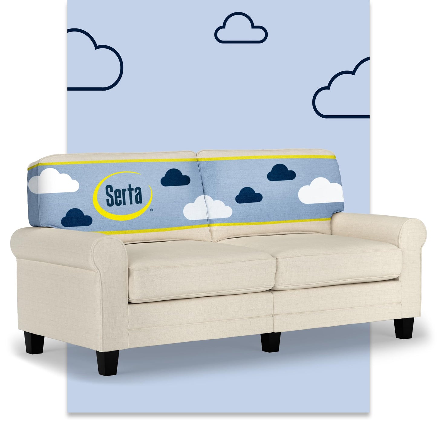 Serta Copenhagen 73" Rolled Arm Sofa, Easy Care Polyester, Soft Pillow Back, Pocket Coil Seat Cushions, Removable Covers, Loveseat or Couch for Small Spaces, Living Rooms or Bedrooms, Buttercream