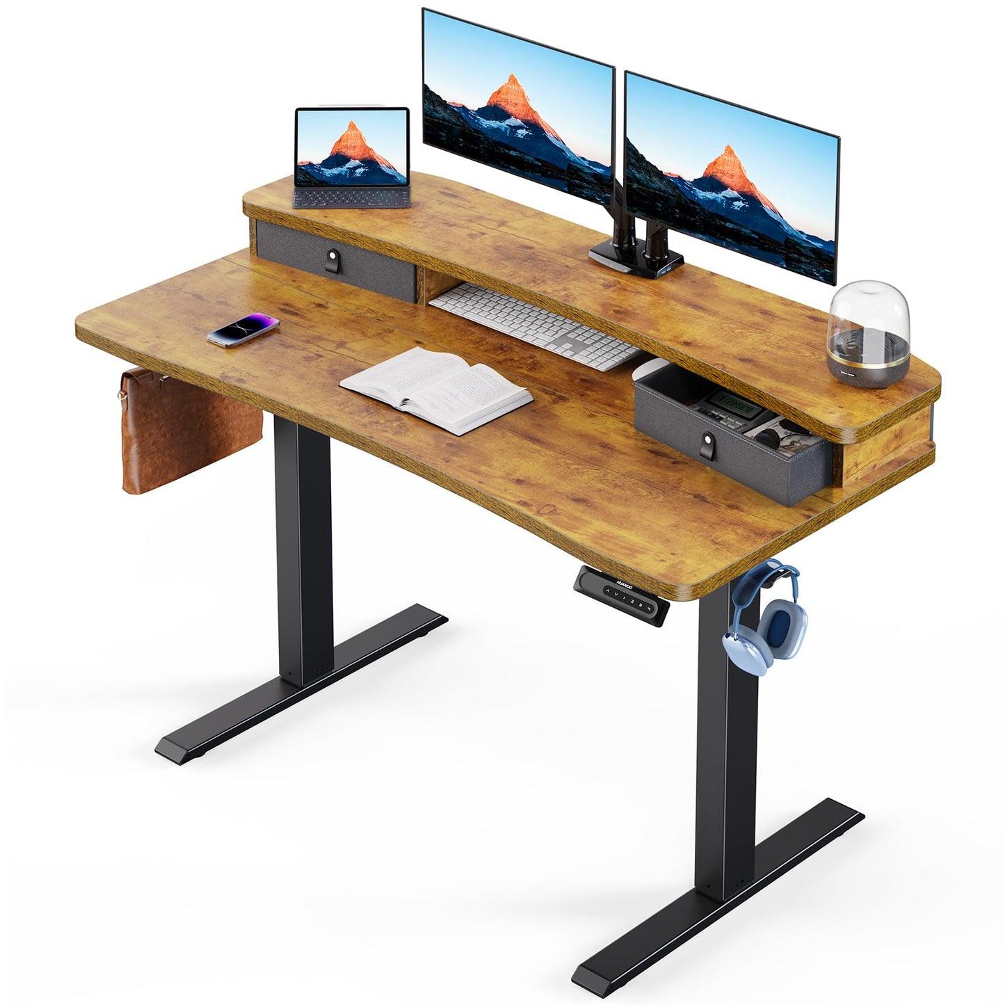 HUANUO 48″ x 24″ Electric Standing Desk with 2 Drawers, C-Clamp Mount Compatible, Height Adjustable Computer Desk, Home Office Stand Up Desk with 4 Preset Heights & 2 Hooks, Vintage Brown