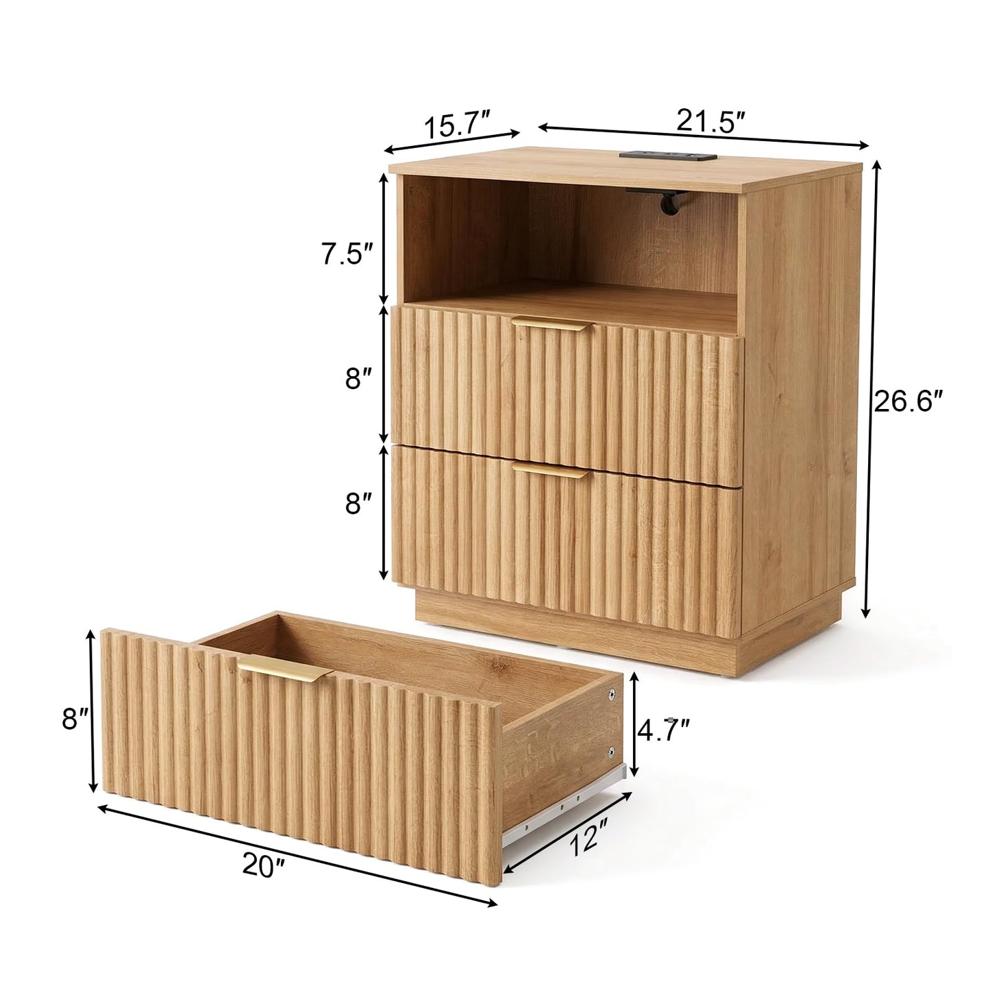 Chyanmoo Fluted Night Stand Set of 2 with Charging Station, Bedside Table Nightstand with Storage Drawer & Open Shelves, Small End Table Side Table for Bedroom Sofa Office, Natural Oak