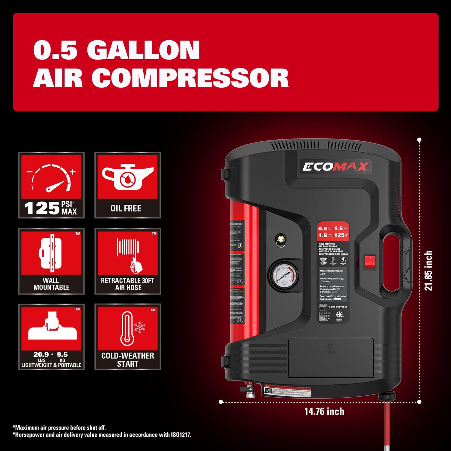 ECOMAX Wall Mount Air Compressor, Tire Inflator Portable Air Compressor, Oil-Free with Retractable 30ft Air Hose, Mini Tank 125 PSI MAX Pressure & 1.5 HP for Garage and Home