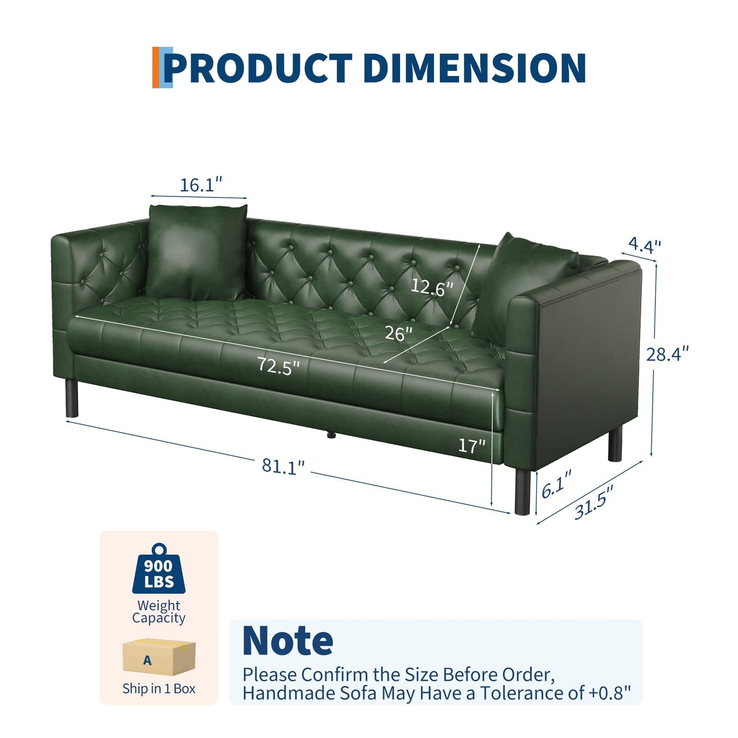 IDEALHOUSE Mid Century Modern Leather Sofa 81 inch, 3 Seater Chesterfield Couch with Deep Seats, Button Tufted Back, Faux Leather Living Room Sofa with 2 Pillows for Apartment Office, Green