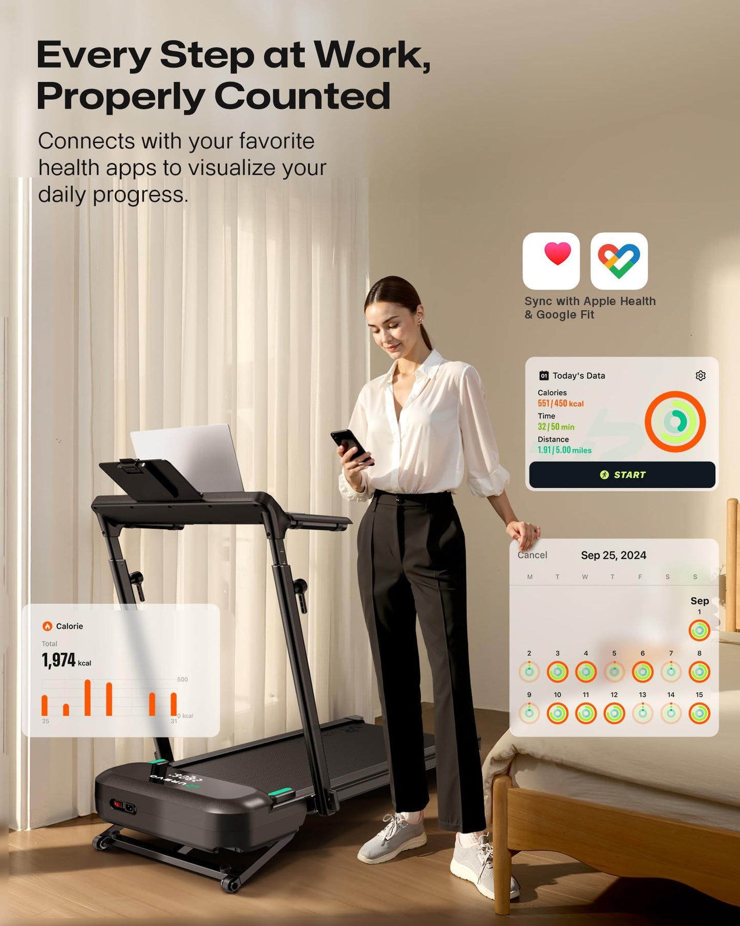 UREVO Foldimix 5L Treadmills for Home, Dual Brushless Motorized 3.0HP ，9% Auto Incline Walking Pad with Adjustable Handle Bar, Multi-Functional, 14-Point Shock Absorption, Standing Desk Treadmill