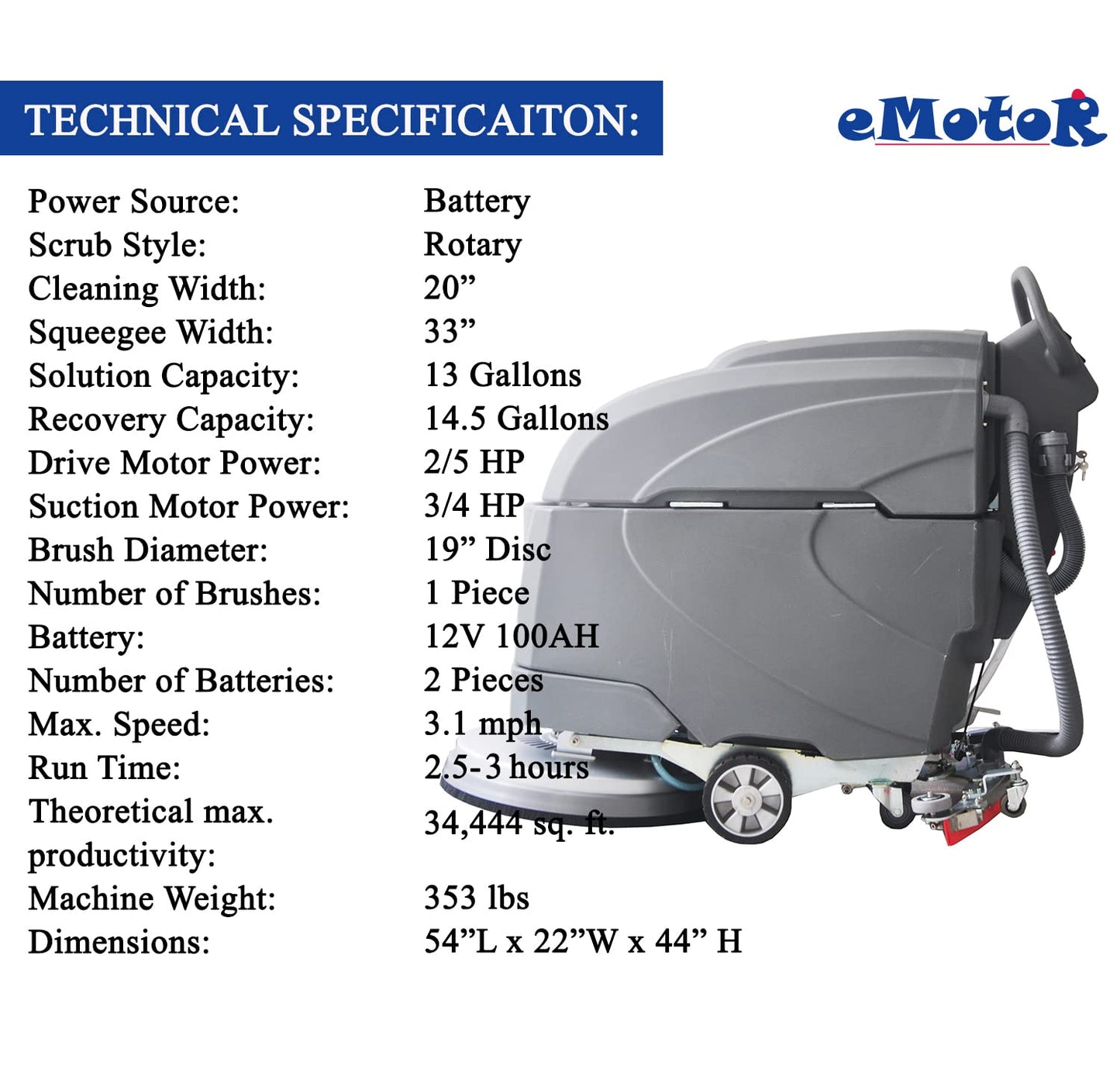 Emotor Self-Propelled Automatic Commerical Floor Scrubber Machine, Tile Floor Cleaning Machine - 20" Brush with 33" Squeegee-14.5 gal Tank for Shopping Mall/Warehouse/Hospital/Airport