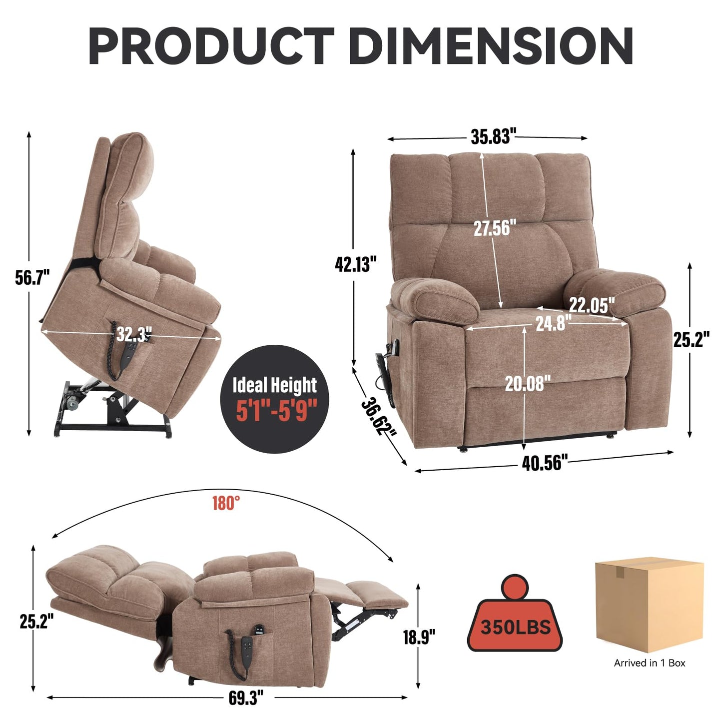 KEIKI Chenille Electric Power Lift Recliner Chair with Heat Massage, Hidden Cup Holders & Timer Function, Elderly Lazy Boy Sofa Seating for Home Theater, Infinite Position, Dual Motor, Up to 350 LBS