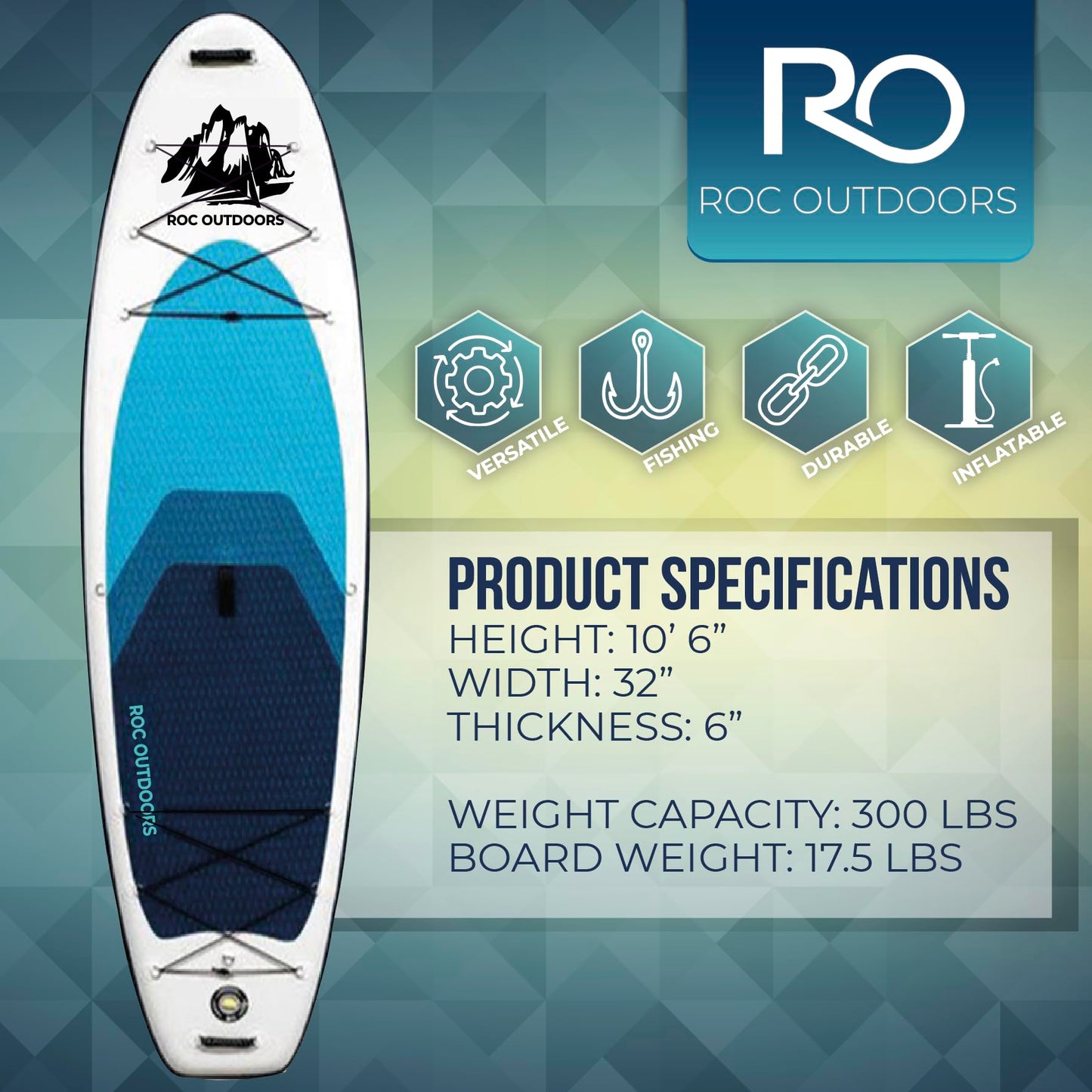 Roc Paddle Boards 10 ft 6 in Inflatable SUP, 350lbs Weight Capacity, Wide Stable Design, Premium Accessories, 3 YEAR WARRANTY, USA Owned Brand, Royal