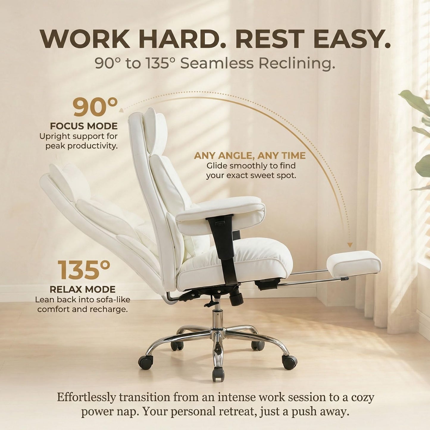 Efomao Big and Tall Office Chair 400lbs - Heavy Duty Reclining Desk Chair with Footrest, Spacious High Back PU Leather Executive Chair, Double-Layer Spring Support, White