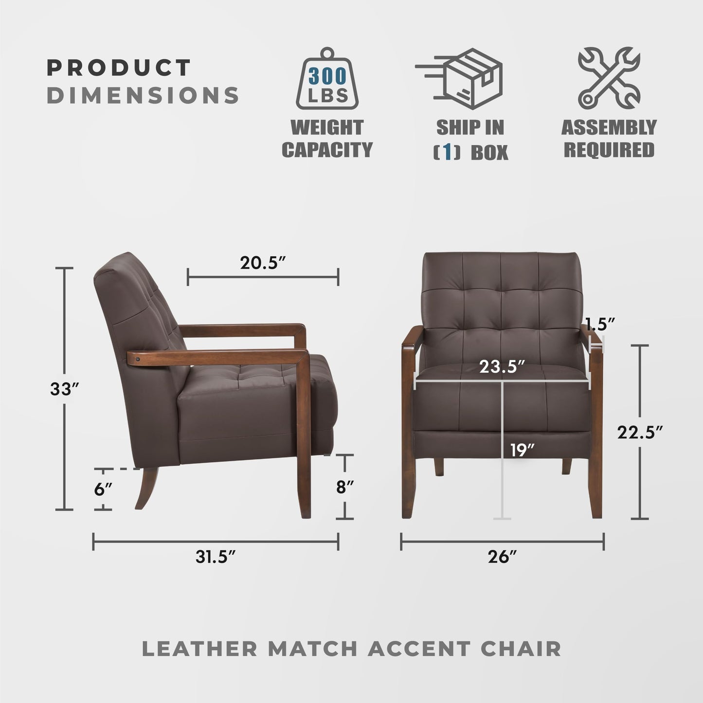 Lexicon Modern Accent Chair, Luxury Genuine Leather Match Living Room Chair with Tufted Cushions, Solid Wood Frame and Arm Rest, Comfy Upholstered Single Seat for Bedroom/Reading/Office, Dark Brown