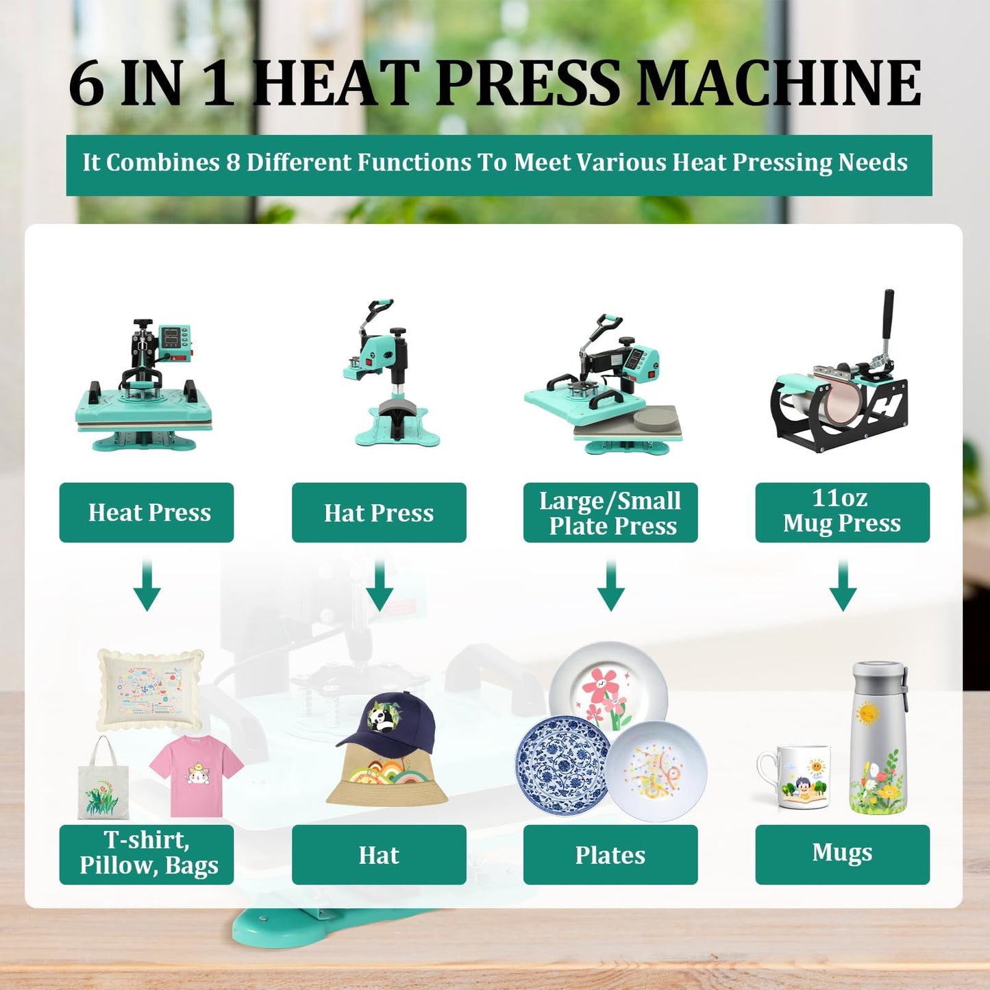 6-in-1 Heat Press Machine for T Shirts, 12x15in Sublimation Combo with Mug Press, Plate & Hat Attachments, 360° Swing Away Shirt Press, Digital Heat Transfer for DIY Projects