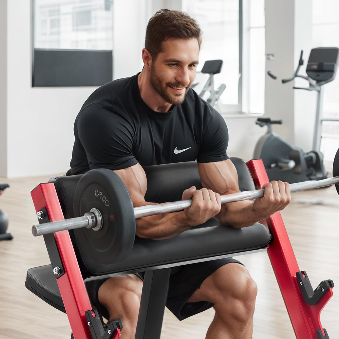 VEVOR Preacher Curl Bench, Strength Training Benches, Max Load 660 LBS Home Gym Fitness Equipment, Seated Arm Isolated Barbell Dumbbell Bicep Station, Adjustable Weight Bench with Bar Holders
