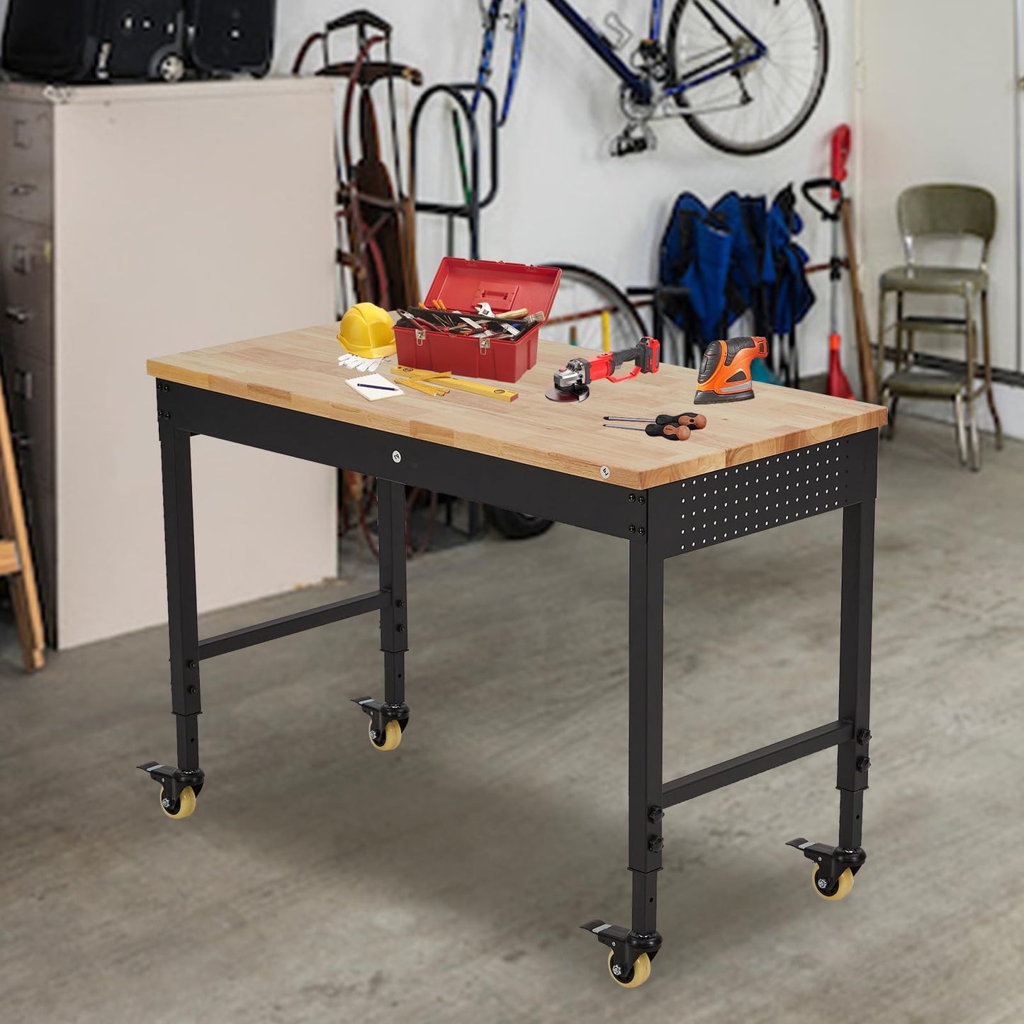 ACONEE 48" Adjustable Workbench, Heavy Duty Workstation 2000 LBS Load Capacity, Rubber Wood Top Workstation with 4 Rolling Casters, Power Outlets, Metal Frame, Wood Top Workbench for Workshop Garage