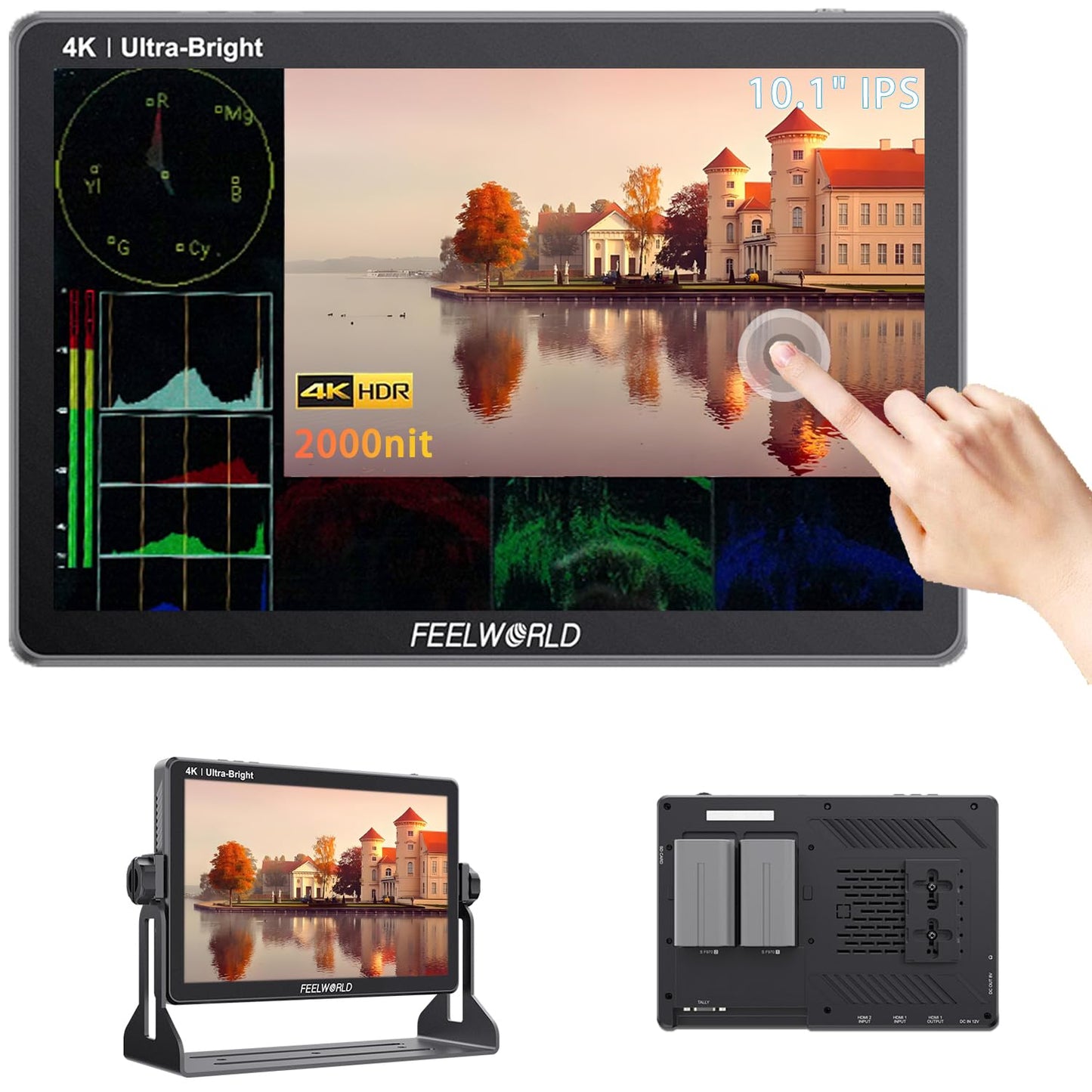 FEELWORLD LUT11H 2000nit Camera Field Monitor, 10.1 Inch 1920x1200 Touchscreen 4K 60Hz HDMI Video Monitor Screen with U-Shape Bracket, Dual Battery Slots, 3D LUT Waveform HDR Focus Peaking