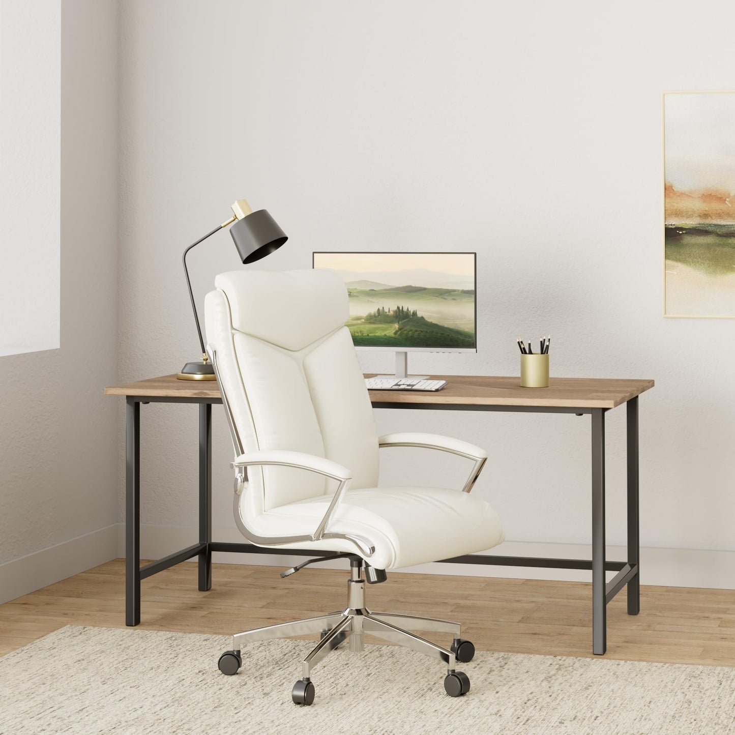 Office Star FL Series Faux Leather Executive High Back Office Chair with Adjustable Tilt and Padded Chrome Arms, Cream