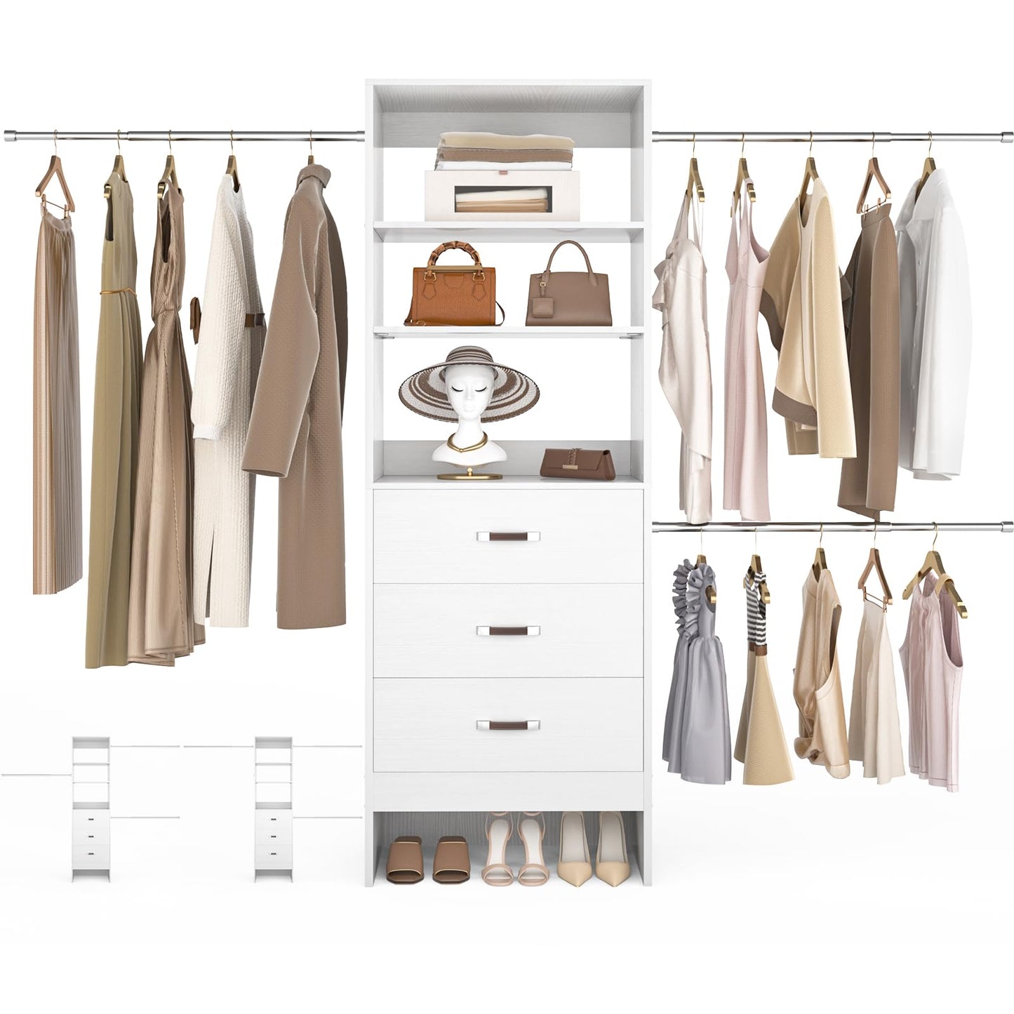 Besiost 96'' Closet Organizer System with 3 Hanging Rods, 8FT Closet Organizers and Storage with 3 Wooden Drawers, Built in Closet Organizer Systems, Adjustable Walk-in Wardrobe from 5-8FT, White