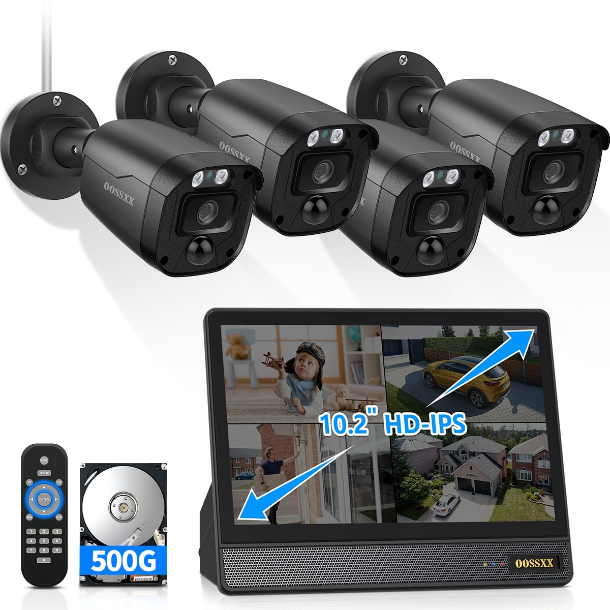 3K 5MP Wired CCTV Security Camera System with 122° Ultra Wide Angle, 4CH DVR with Monitor, 4X IP66 Indoor Outdoor Cameras, 65ft IR Night Vision, Free App, No Subscription Fee, Remote Access