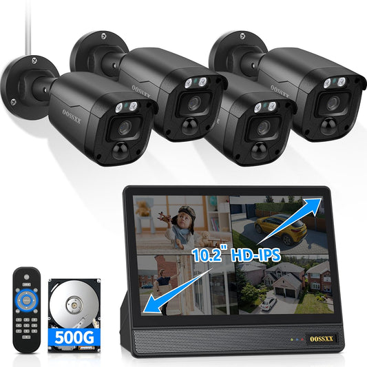 3K 5MP Wired CCTV Security Camera System with 122° Ultra Wide Angle, 4CH DVR with Monitor, 4X IP66 Indoor Outdoor Cameras, 65ft IR Night Vision, Free App, No Subscription Fee, Remote Access