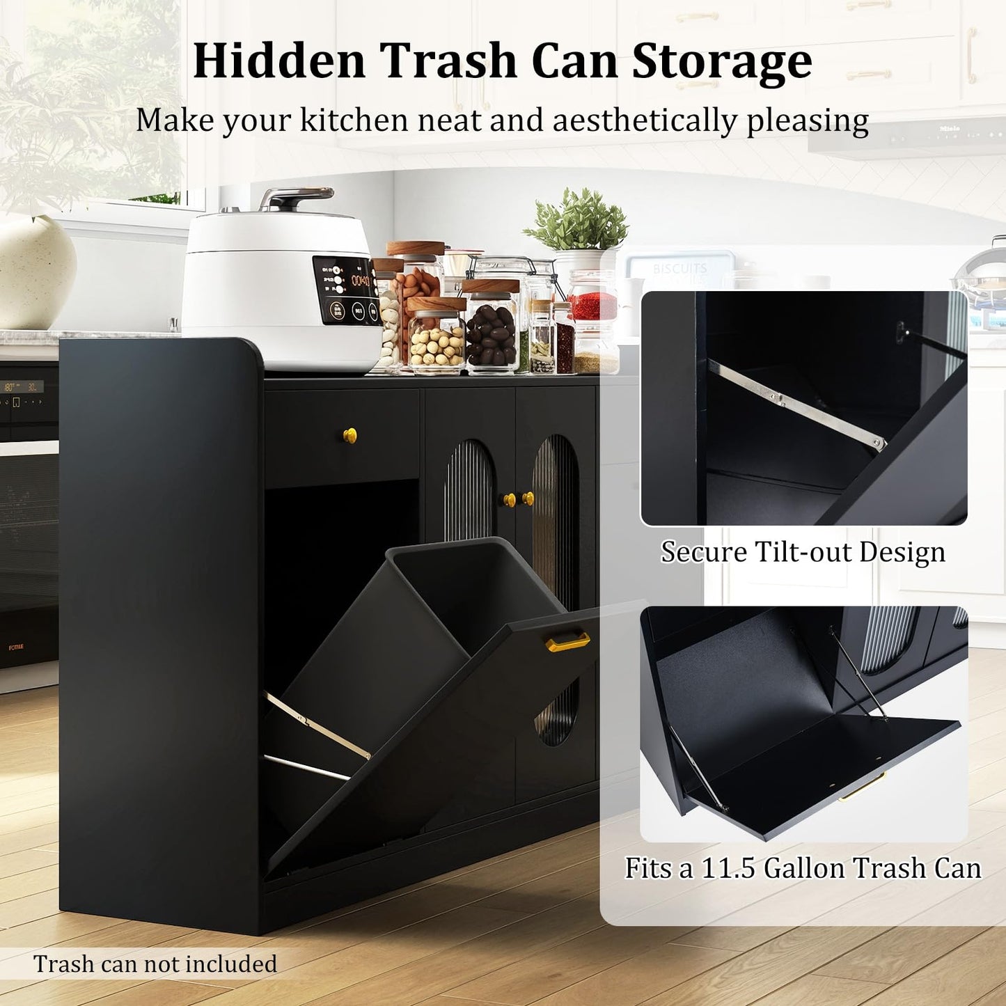 Giantex 55" Farmhouse Buffet Cabinet, Large Credenza w/Hidden Tilt Out Trash Can, 2 Glass Doors, 2 Drawers & Adjustable Shelves, Modern Sideboard Coffee Bar Cabinet for Kitchen, Dining Room (Black)