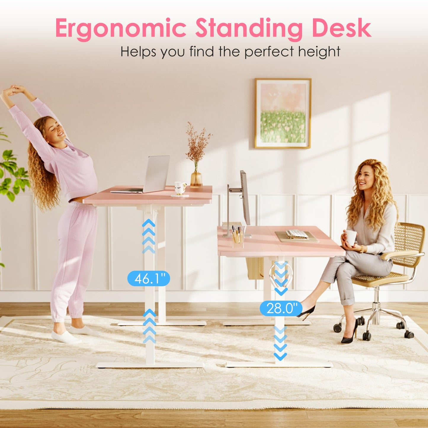 OffiGo Electric Height Adjustable Standing Desk, 48 Inch Pink Computer Desk for Women Girls, Sit Stand Table for Home, Office, Bedroom