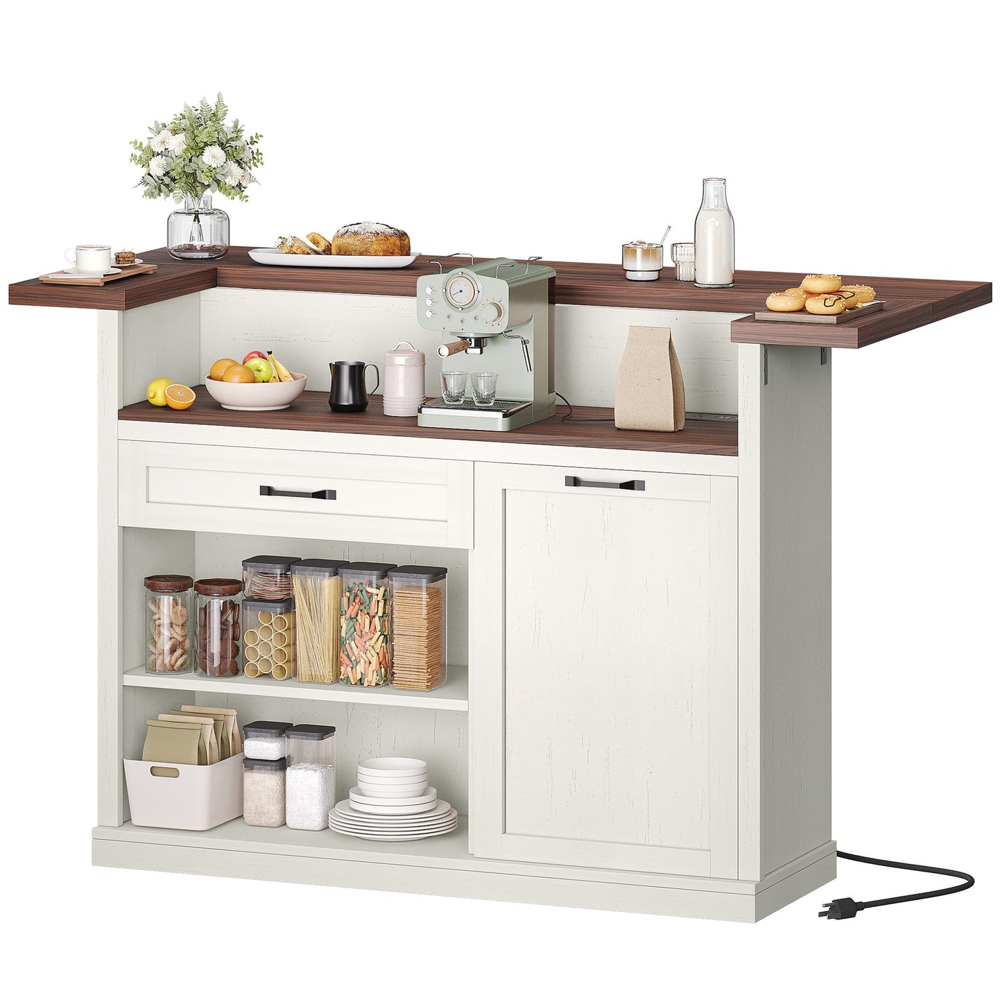 Homiflex Kitchen Island with Storage, Rolling Kitchen Islands with Storage, 55" W Large Island Table, Breakfast Bar Counter with Drop Leaf, Trash Can Cabinet, Power Outlet for Dining Room, Walnut