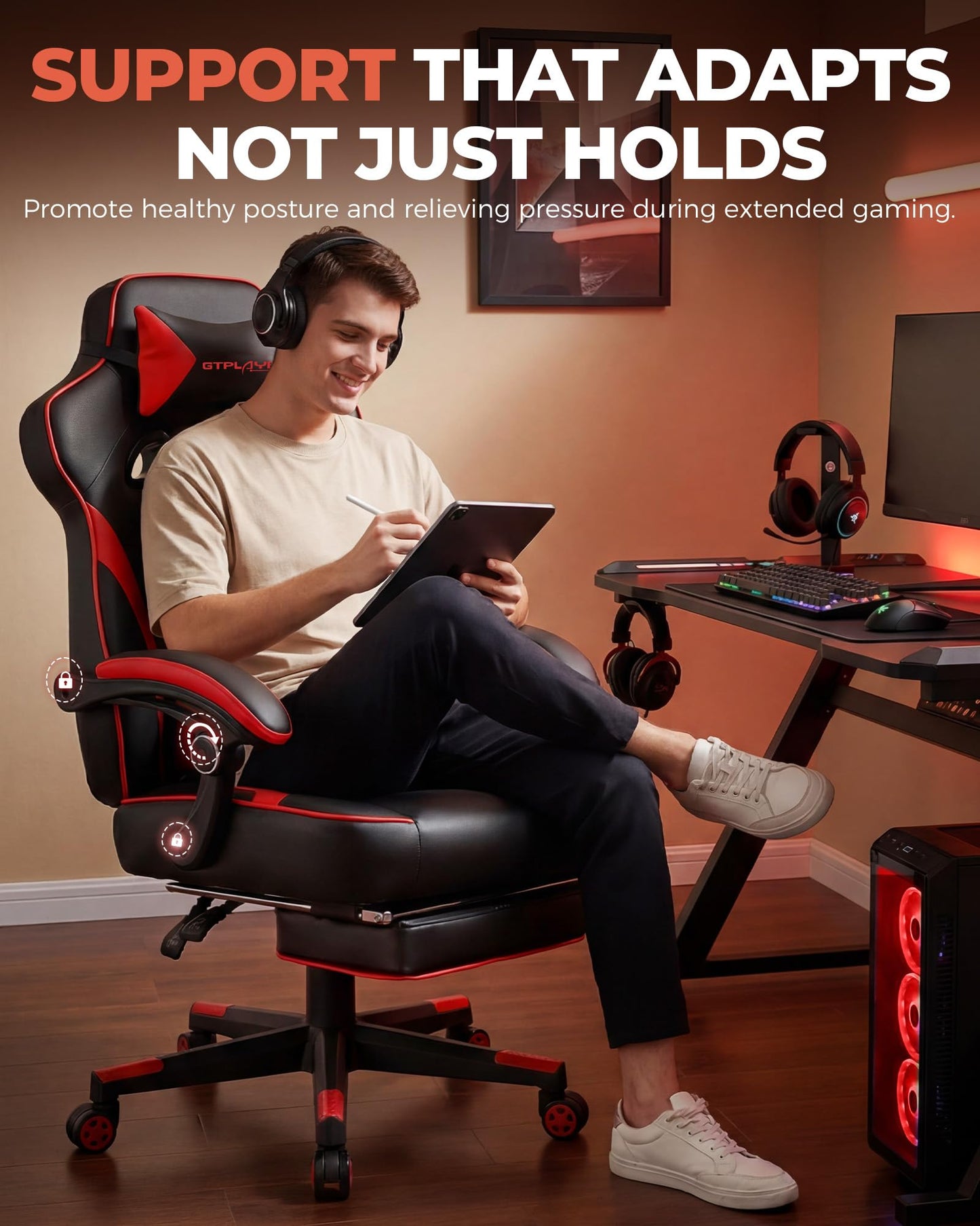 GTPLAYER Gaming Chair with Footrest, Big and Tall Game Chair 350lb Racing Style Computer Chair, Ergonomic Executive Office Chair High Back with Lumbar Support and Recliner, Red