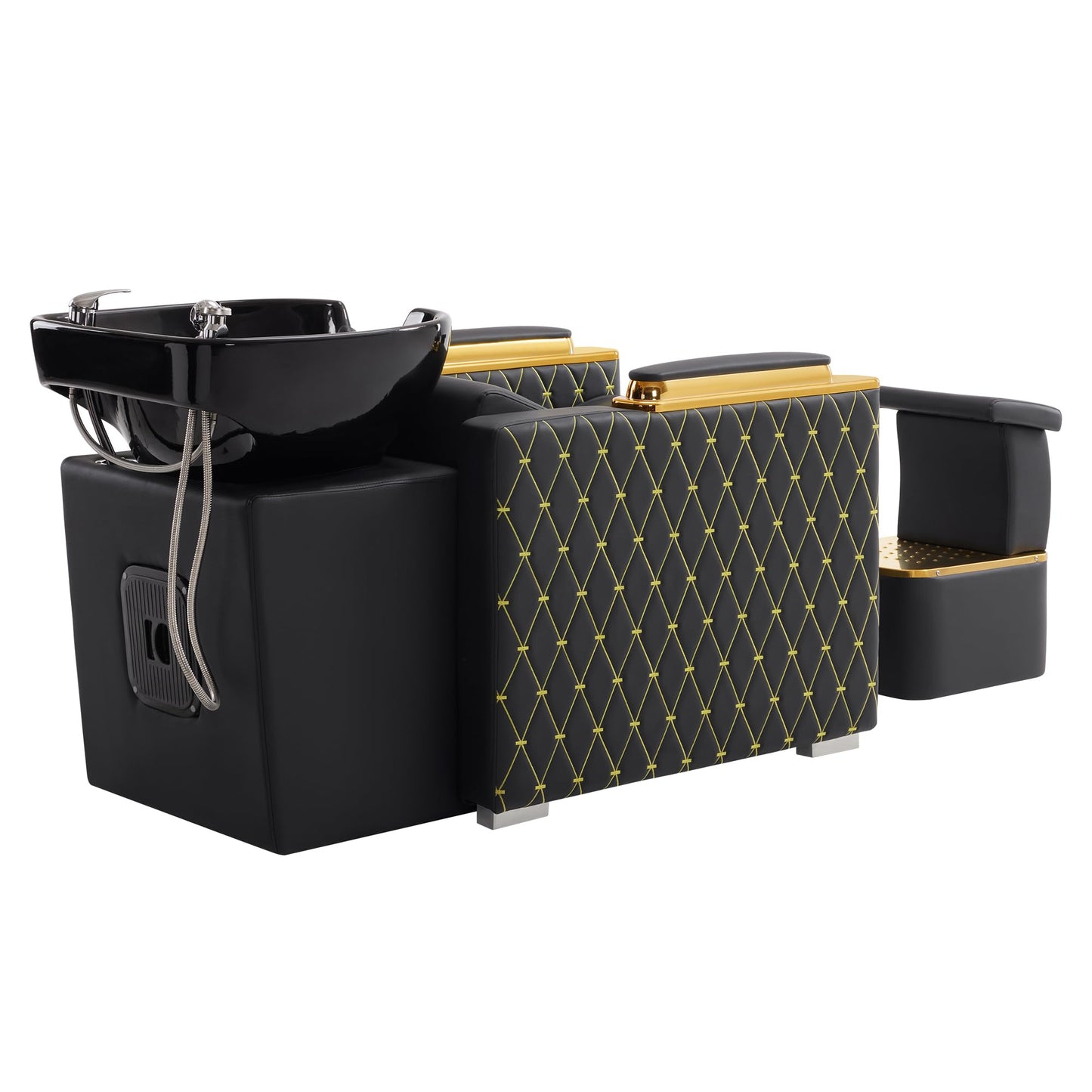 BarberPub Backwash Shampoo Station Chair with Porcelain Ceramic Hair Wash Bowl, Vacuum Breaker, Professional Black&Gold Shampoo Chair for Salon and Spa 8613 (Black&Gold)