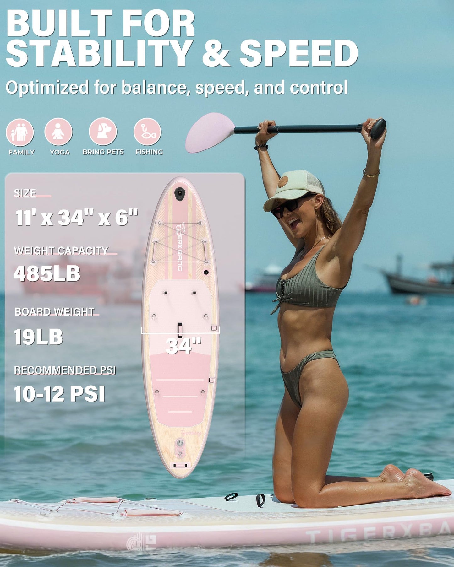 TIGERXBANG Inflatable Stand Up Paddle Board with SUP Board Accessories, Anti-Slip EVA Deck, 11' Paddleboard for Adults & Youth - All Skill Levels, Pink