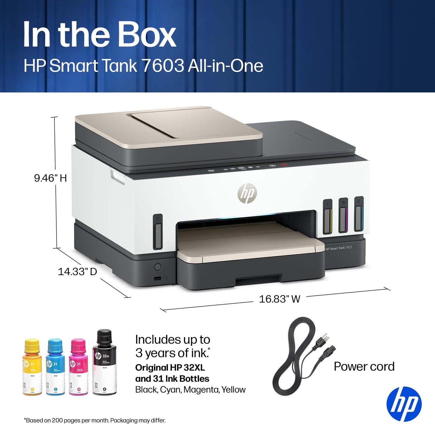 HP Smart Tank 7603 Wireless All-in-One Ink Tank Printer, Scanner, Copier with up to 3 Years of Ink Included, Best-for-Home Office, Cartridge-Free Refillable, AI-Capable (9B5D1A)
