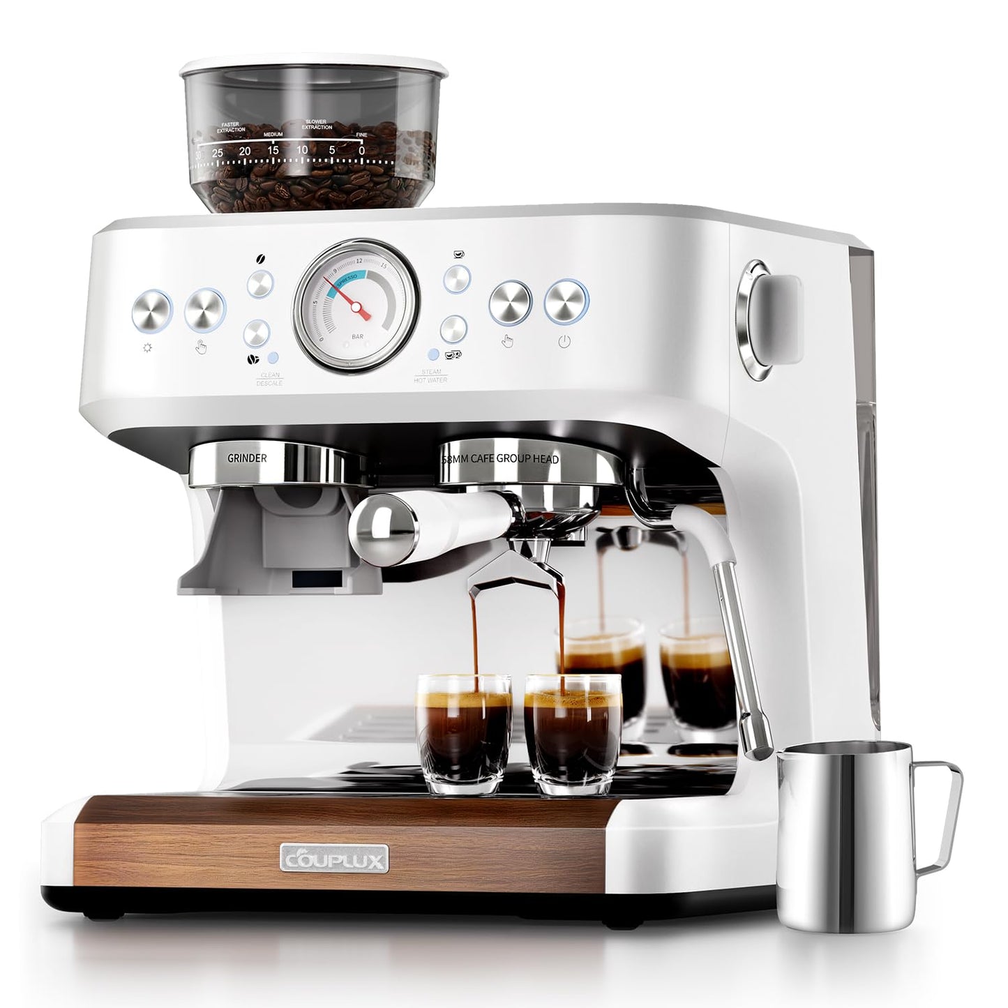 COUPLUX Espresso Machine with Grinder, 58MM Café (2026 UPGRADED) Espresso Machine with Anti-Static Grinder/Milk Steam Wand 15 Bar Espresso Coffee Machines For Home Cappuccino & Latte Stainless Steel