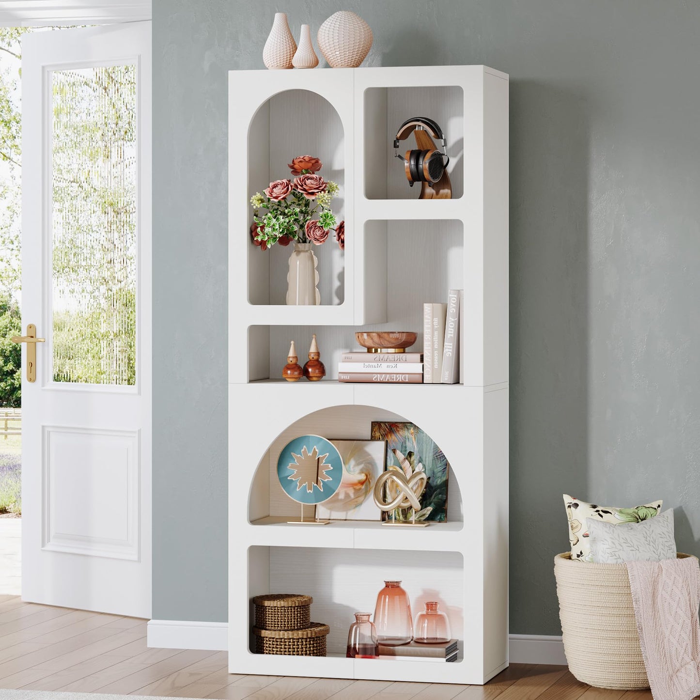 Tribesigns 70.87" Tall Geometric Bookshelf, White Arched Bookcase with 5 Irregular Storage Shelves, Modern Open Art Decor Display Shelf Free-Standing for Living Room, Bedroom, Closet