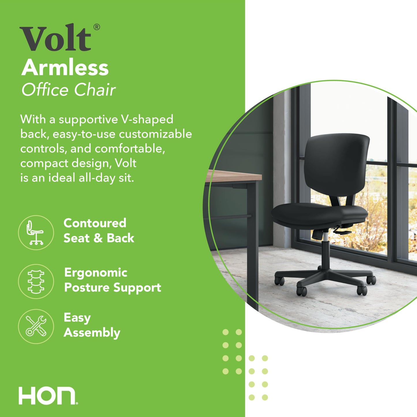 HON Volt Ergonomic Office Chair with Bonded Leather Seat and Back, Armless Desk and Computer Chair with Adjustable Center‑Tilt Recline and Wheels for Home Office or Workstation, Black