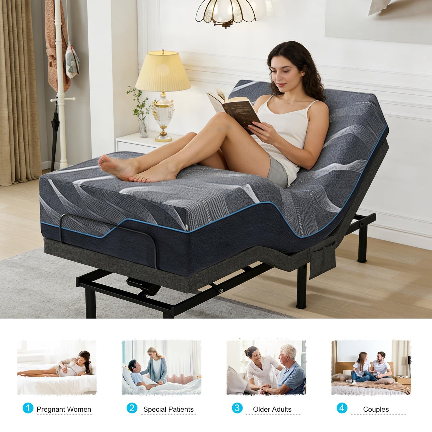 Vipbear Twin XL Adjustable Bed Frame with Mattress - 14 Inch Grey Gel Memory Foam Firm Mattress in Box, Adjustable Bed Base with Under-Bed LED Light, USB Ports,Wireless Remote