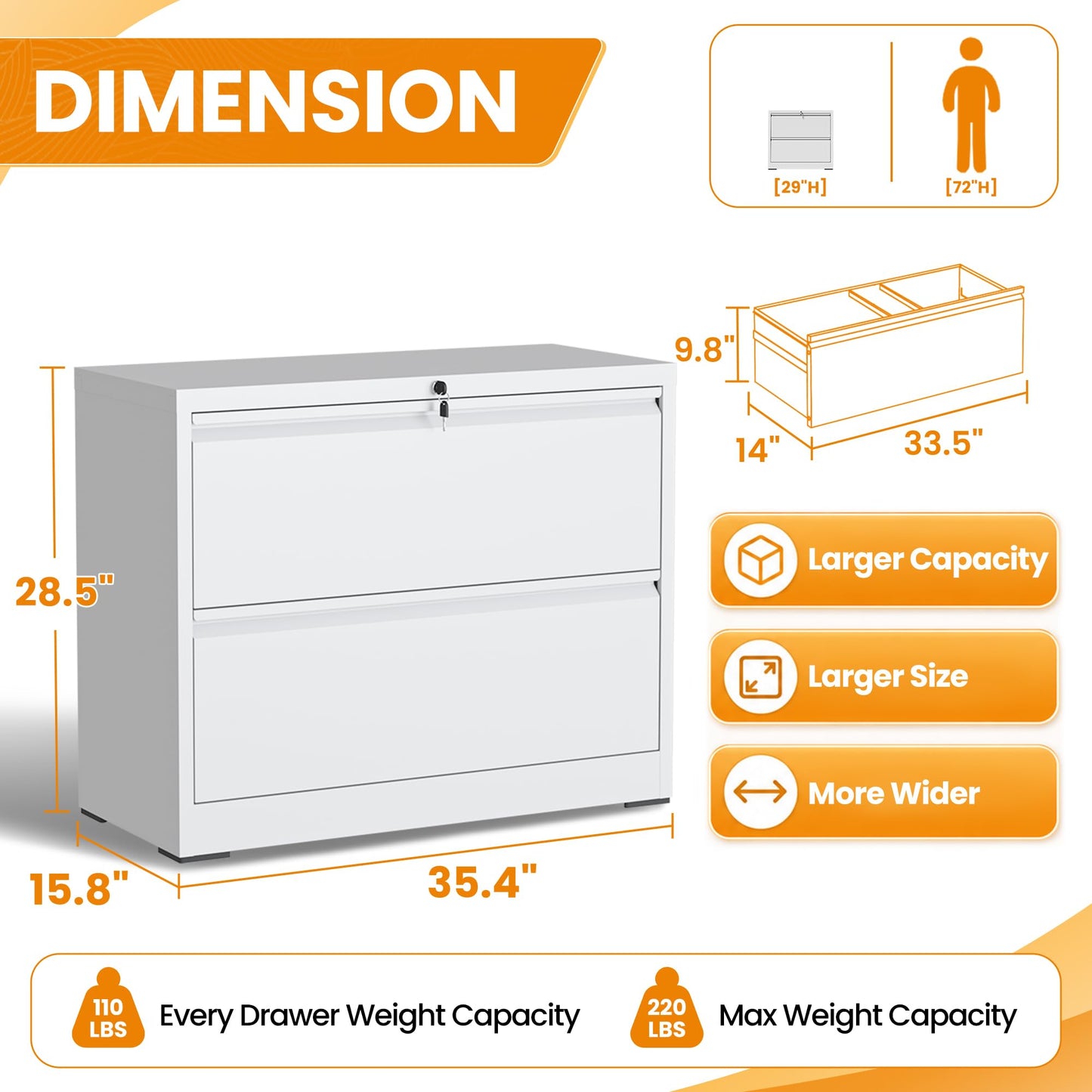 2 Drawer Lateral File Cabinet with Lock, Metal File Cabinets for Home Office, Office Furniture for Organization Hanging Legal/Letter/A4, Metal Filing Cabinet Storage Cabinet, Require Assembly, White