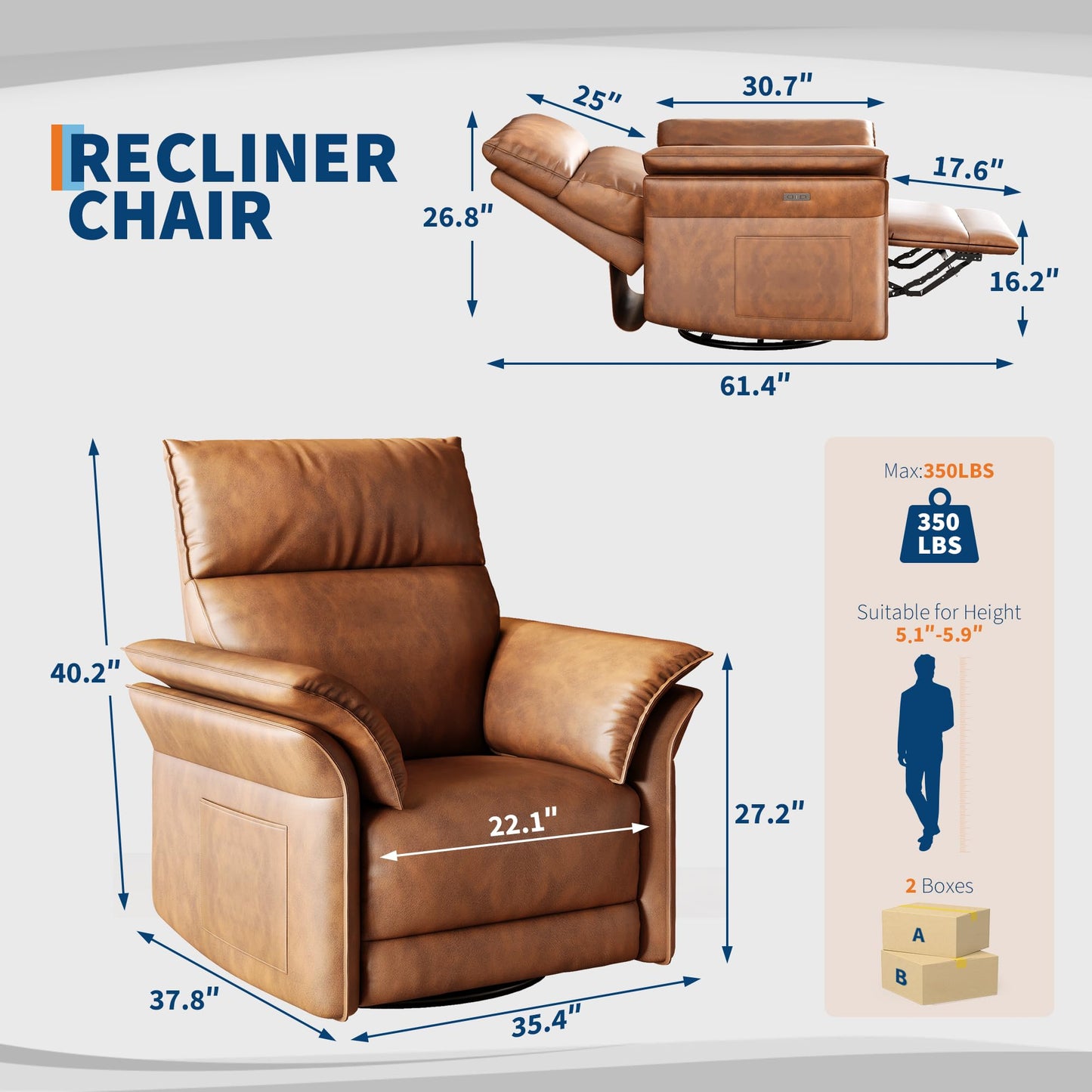Garvee Power Recliner Glider Chair with Smooth Swivel and Rocking Motion Adjustable Recline USB Charging Port Premium Chenille Fabric and Double Armrests for Living Room and Nursery