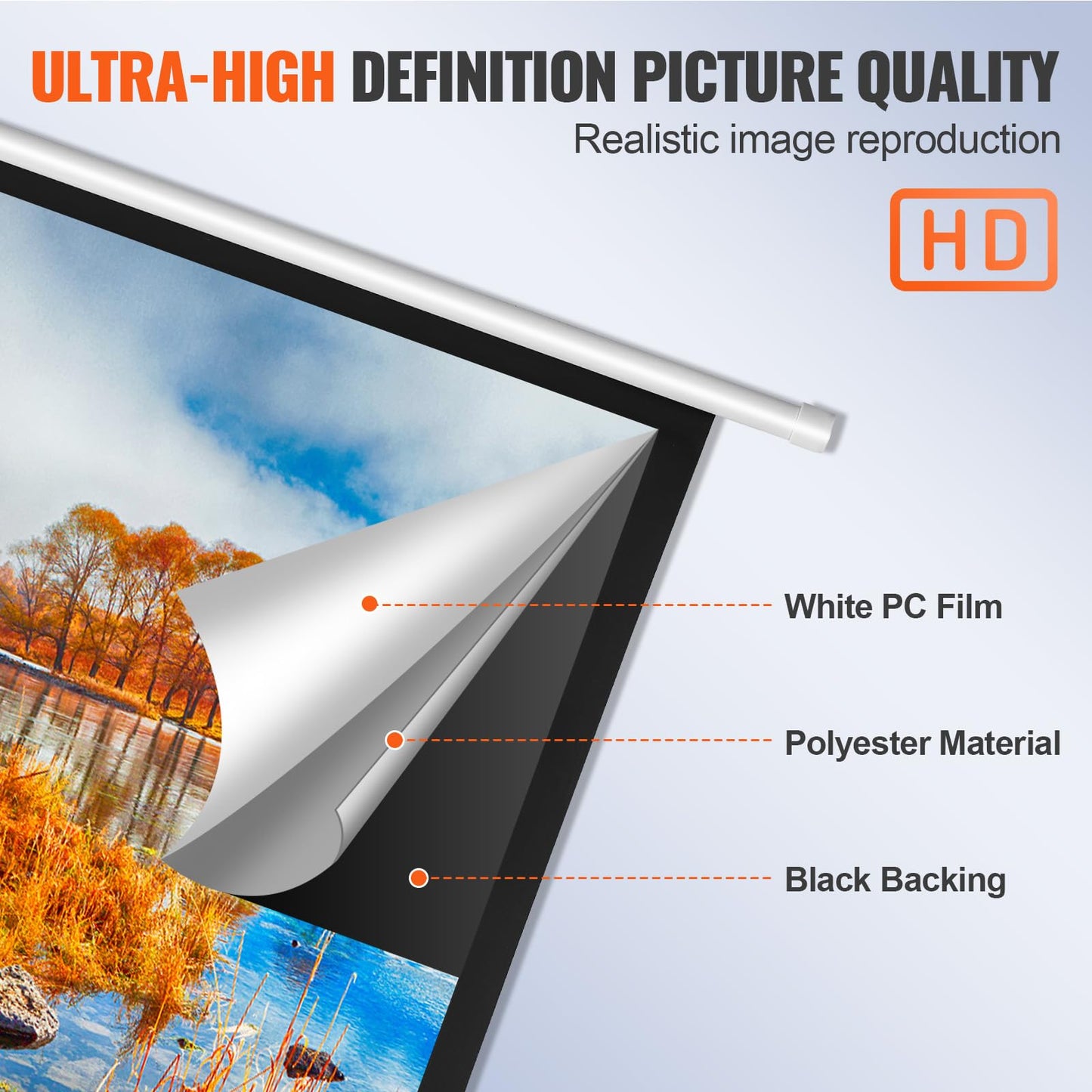 VEVOR Projector Screen, 100 inch Manual Pull Down Projector Screen, 16:9 4K 1080 HD Projector Screen, Auto-Locking Portable Projection Screen, Projector Screen for Family Home Office Theater