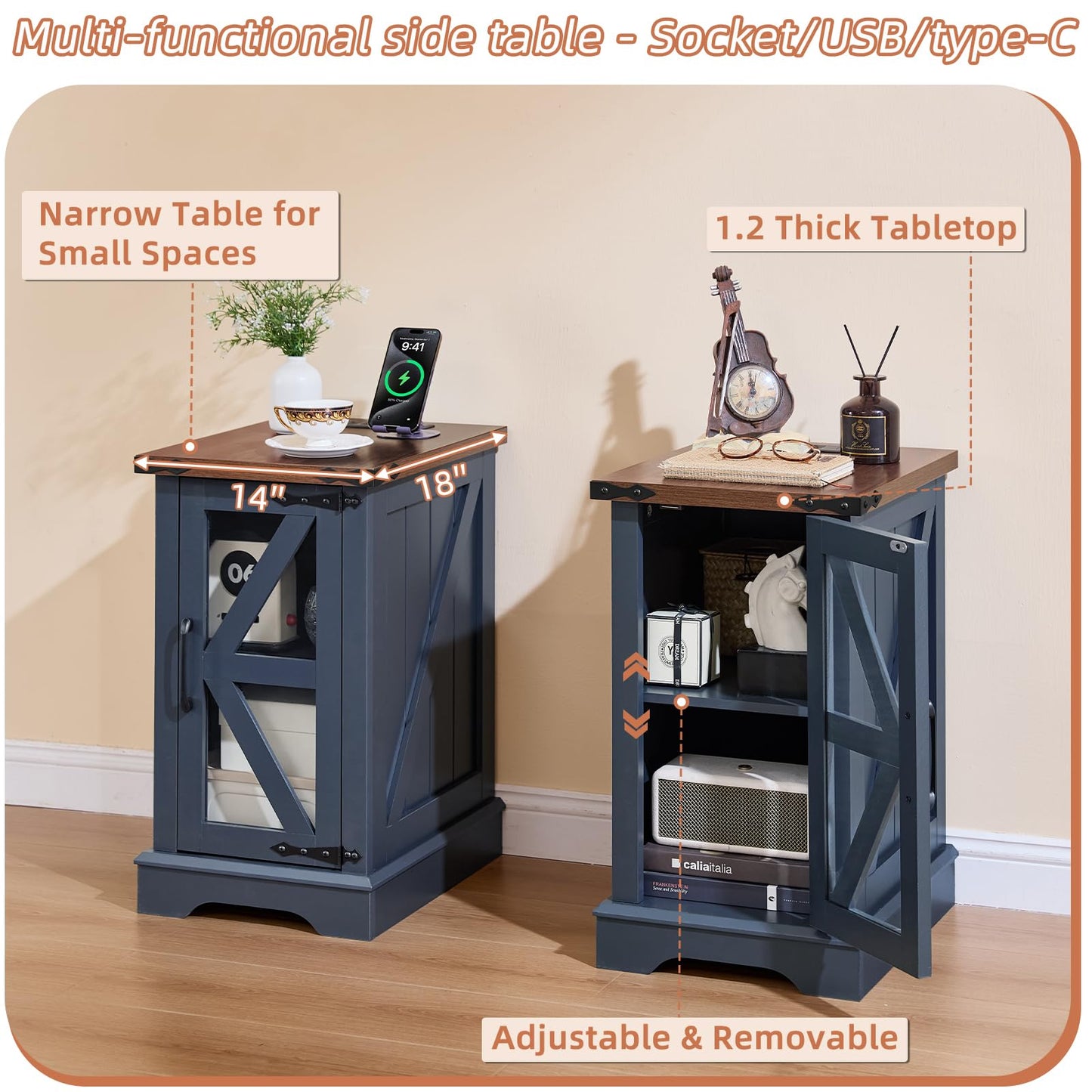 Joaxswe End Table Set 2 with Charger Station, Farmhouse 18'' Narrow Night Stand and 24" Square Side Table with Glass Barn Door Storage, Wood Nightstand Bedside Tables for Living Room Bedroom