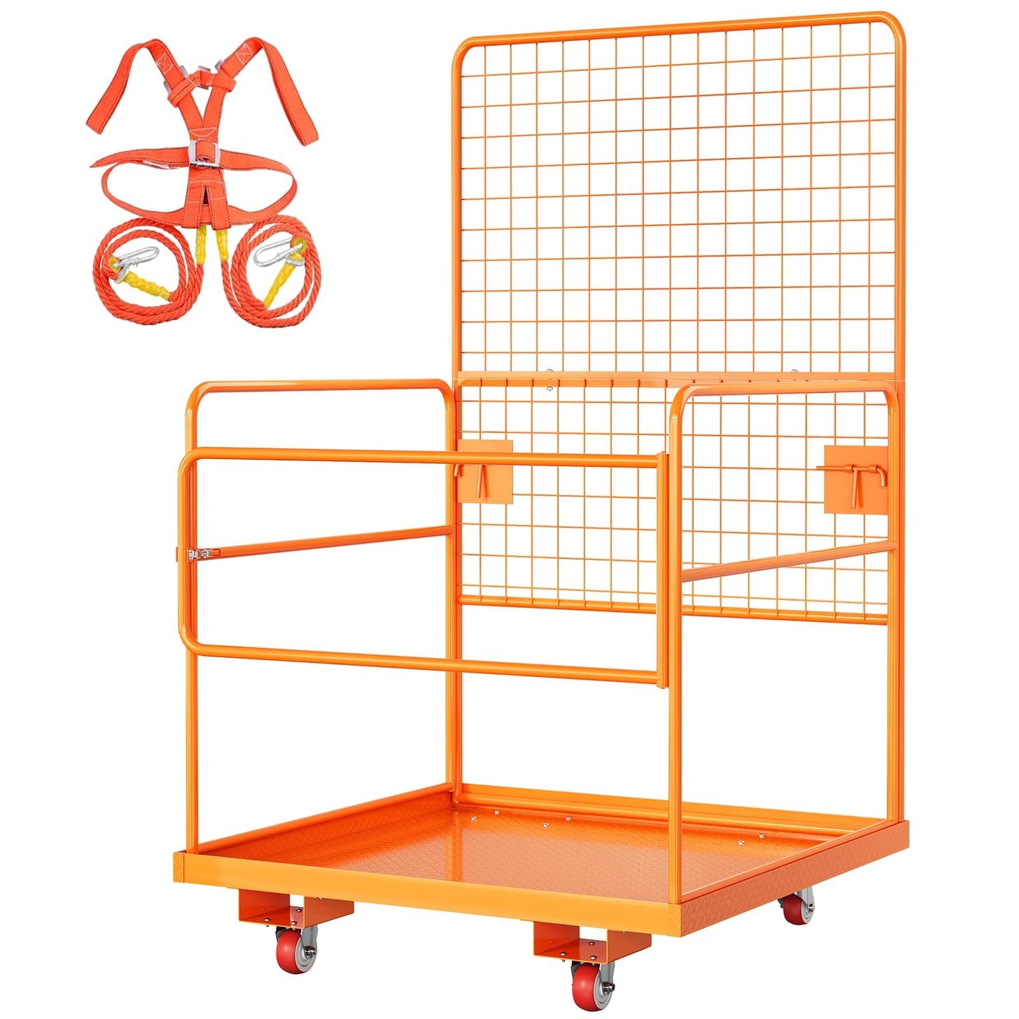 43"X45" Forklift Safety Cage,Heavy-Duty Forklift Work Platform,Man Basket for Forklifts,1800Lbs Capacity with Safety Harness,Wheels & Lock,2-Man Collapsible Lift Basket for Lifting Loader