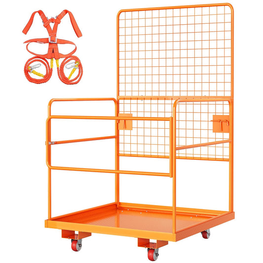 43"X45" Forklift Safety Cage,Heavy-Duty Forklift Work Platform,Man Basket for Forklifts,1800Lbs Capacity with Safety Harness,Wheels & Lock,2-Man Collapsible Lift Basket for Lifting Loader
