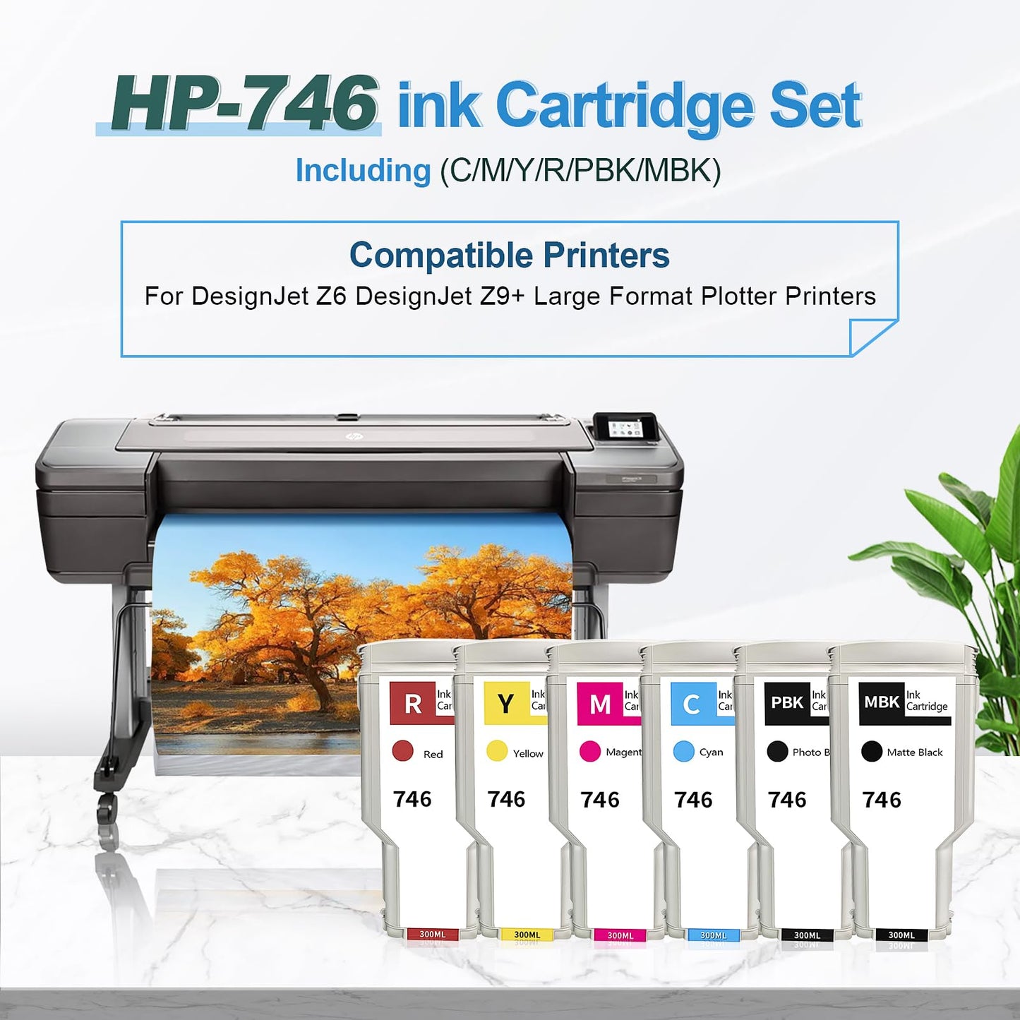 746XL Ink Cartridges 6P Replacement for HP 746 PBK, MBK, C, M, Y, R (P2V78A P2V79A P2V80A P2V81A P2V82A P2V83A) Ink Cartridges Work for DesignJet Z6 & Z9+ Large Format Printers (300ML, 6-Pack)